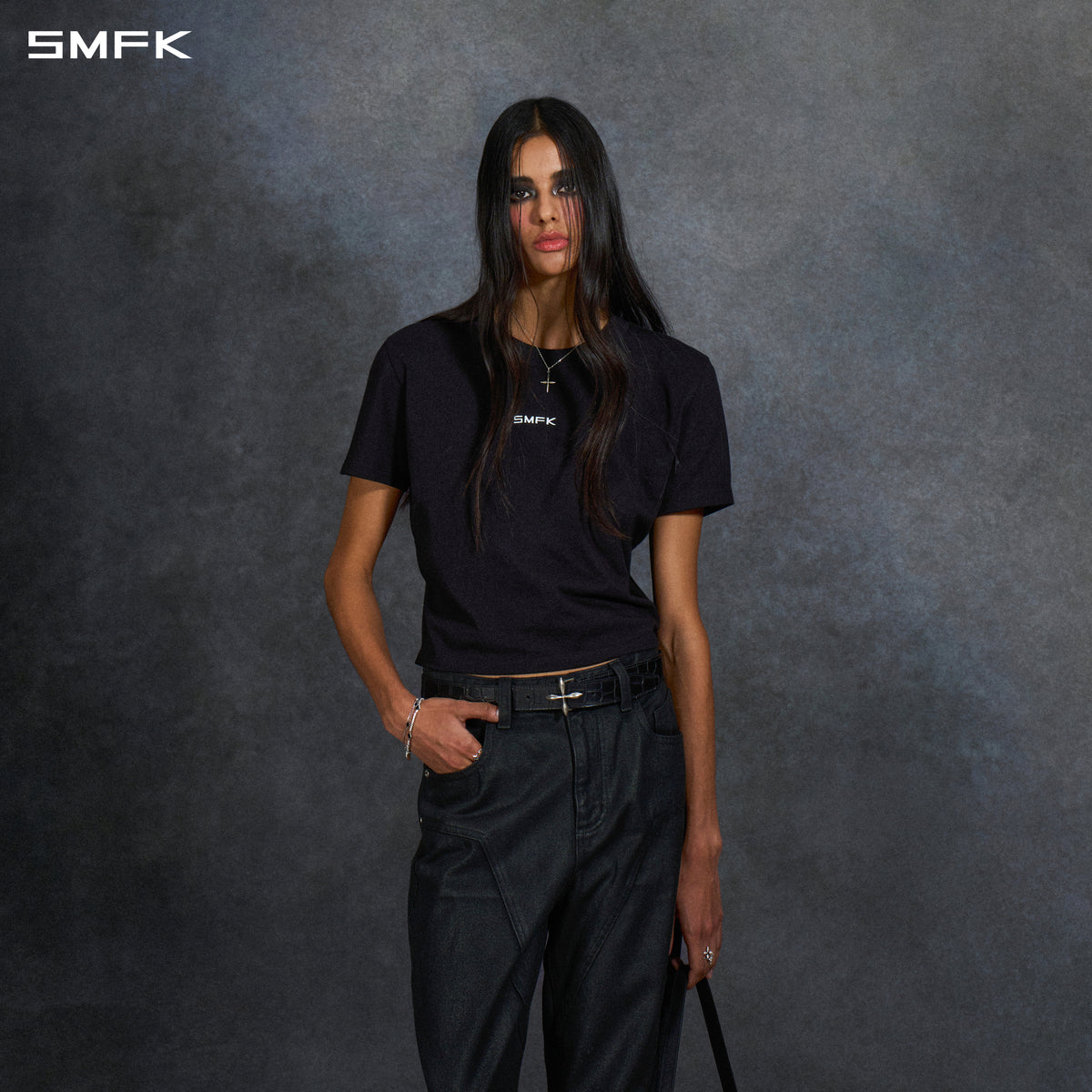 COMPASS LEATHER BELT/COW LEATHER/U CROC BLACK