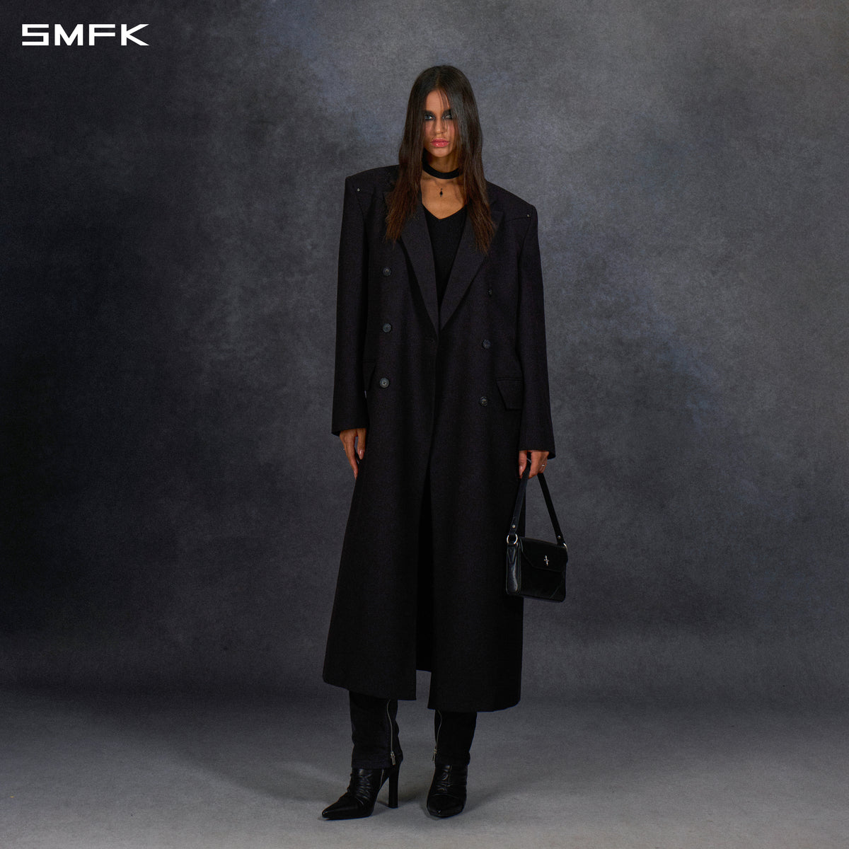 PERMANENT LOOSE DOUBLE BREASTED COAT/POLYESTER +VISCOSE +WOOL MIDNIGHT BLACK