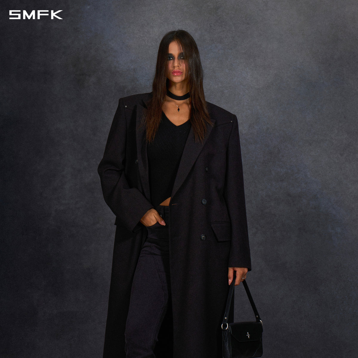 PERMANENT LOOSE DOUBLE BREASTED COAT/POLYESTER +VISCOSE +WOOL MIDNIGHT BLACK