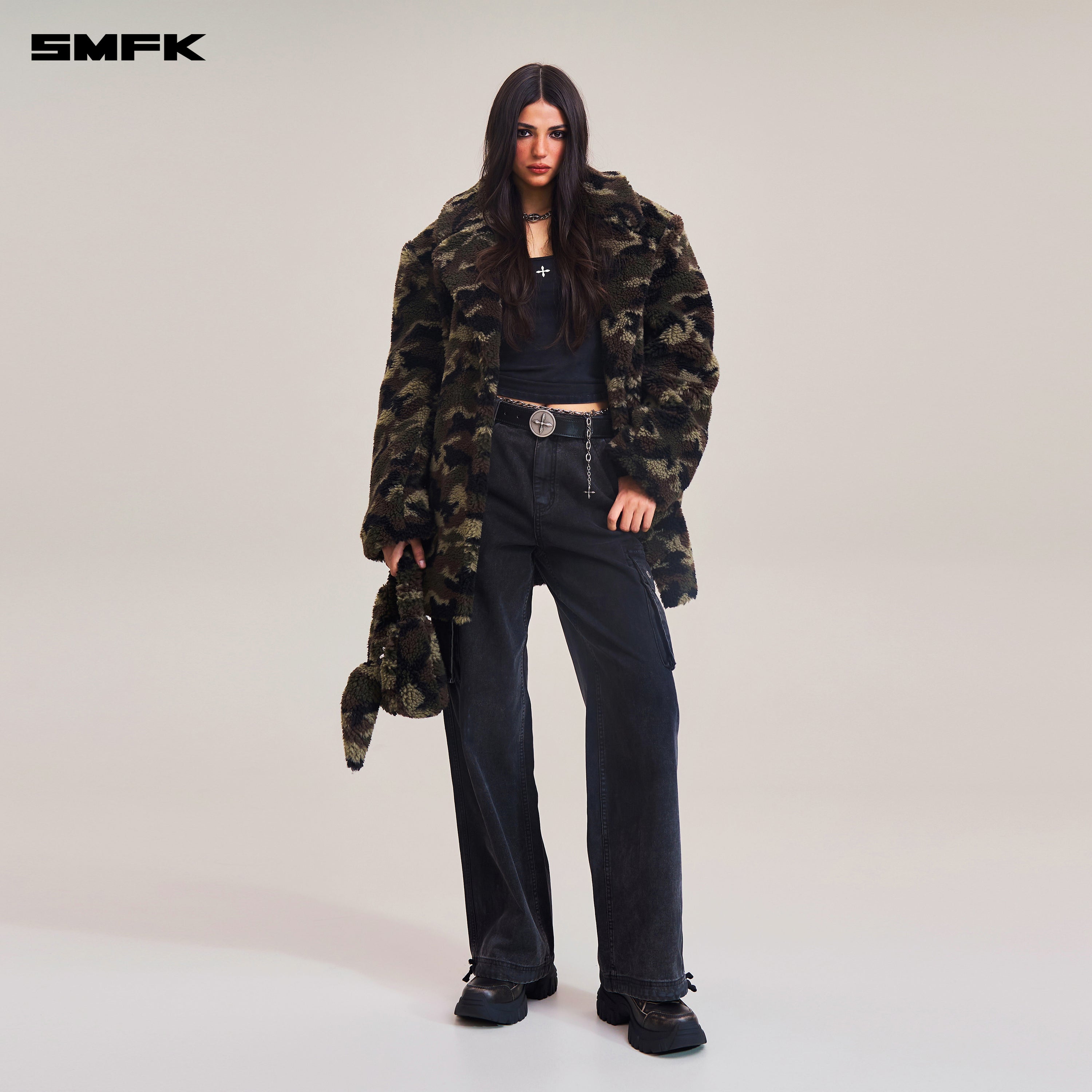 十字架像さまようウールジャカード迷彩ワイドレッグスーツ陸上迷彩