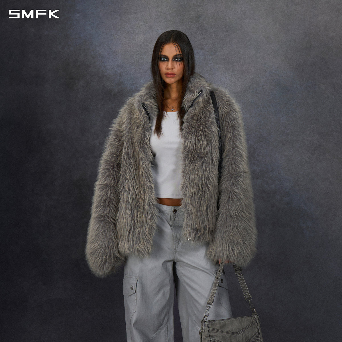 PERMANENT MUSE FAUX FUR LOOSE JACKET/POLYESTER/U STORM GREY