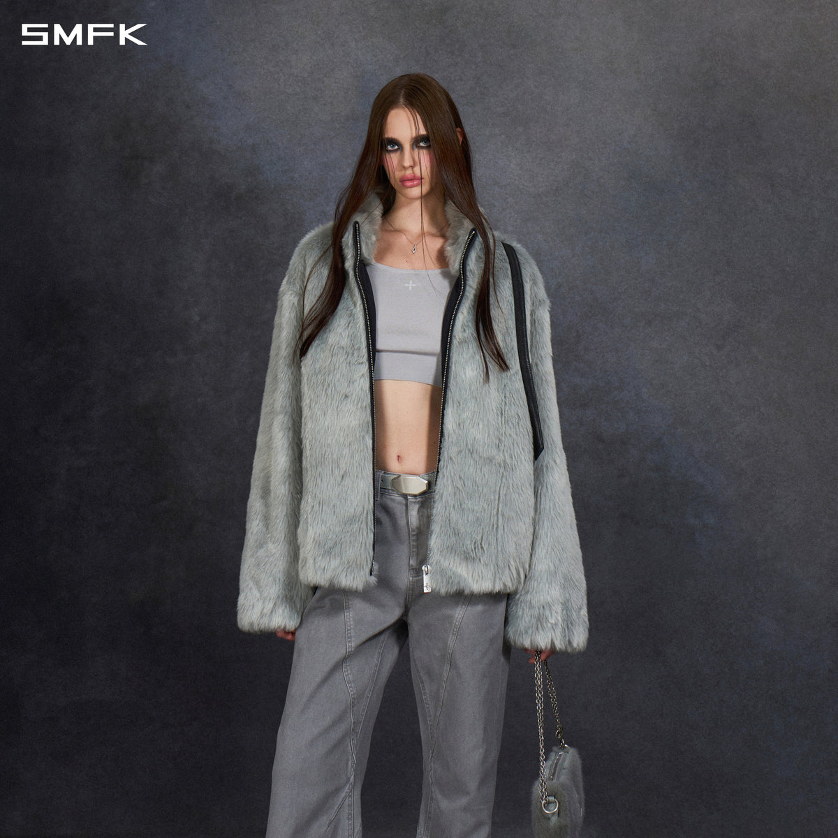 PERMANENT MUSE FAUX FUR LOOSE JACKET/ACRYLIC/U GLACIER GREY