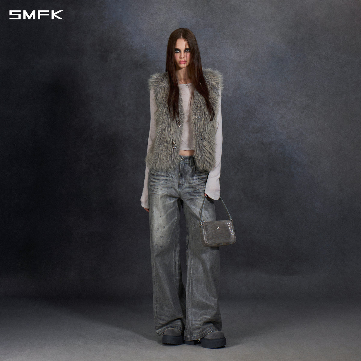 PERMANENT MUSE FAUX FUR VEST/POLYESTER/U STORM GREY