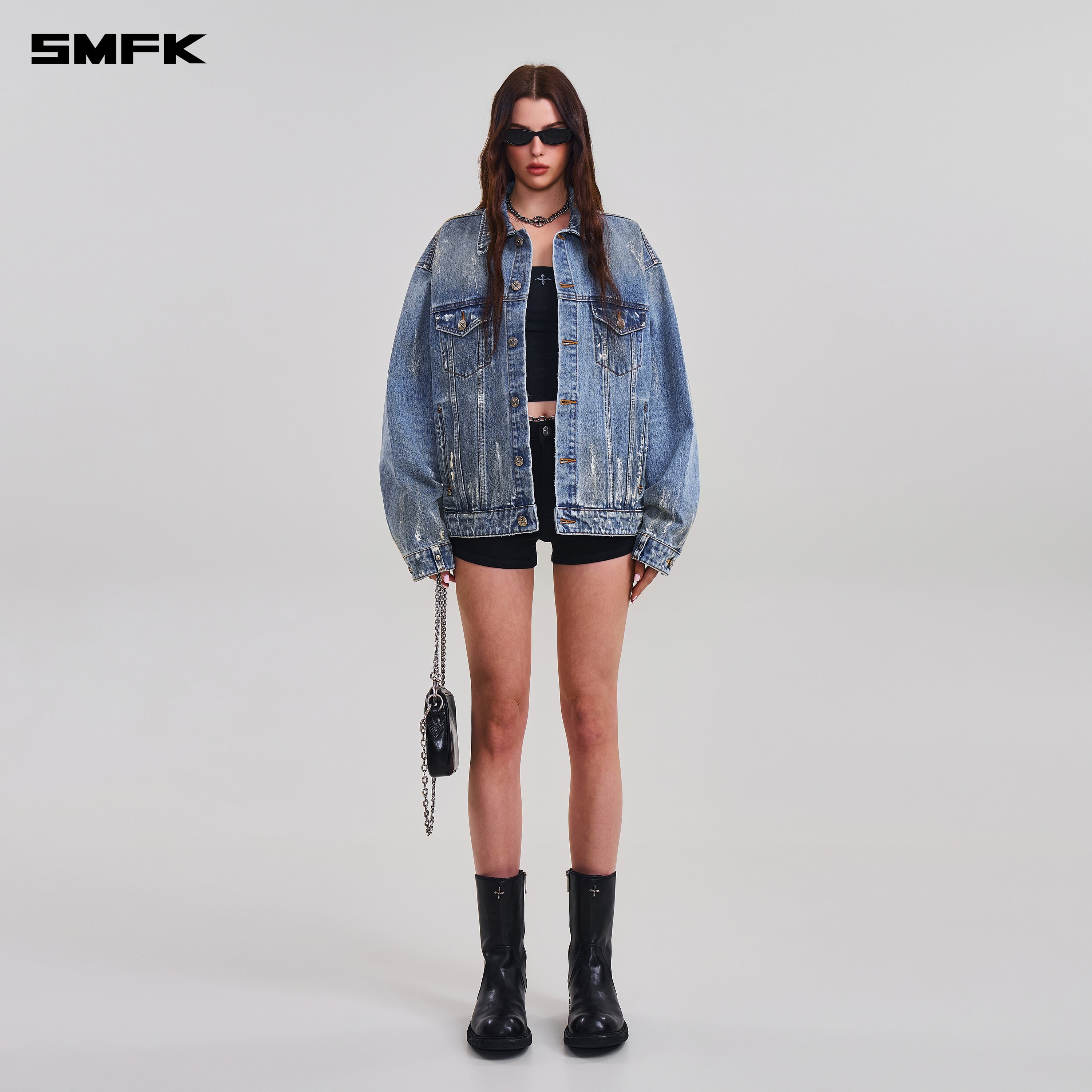 COMPASS MODE TIDE LOOSE DENIM JACKET MARINE BLUE