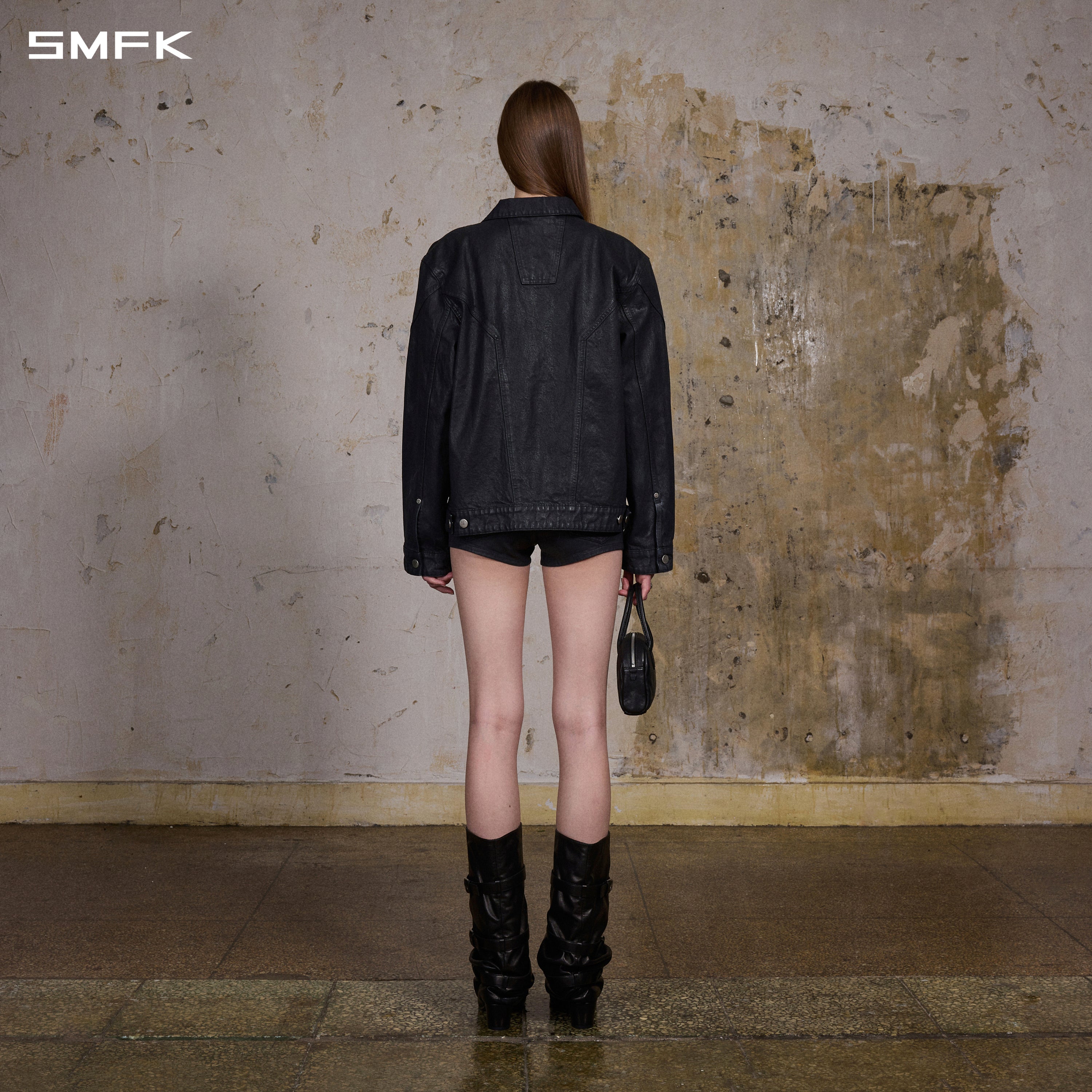 WILD MIRAGE HANDCRAFT LOOSE DENIM JACKET/COTTON+METALLIC COATING/U INK BLACK