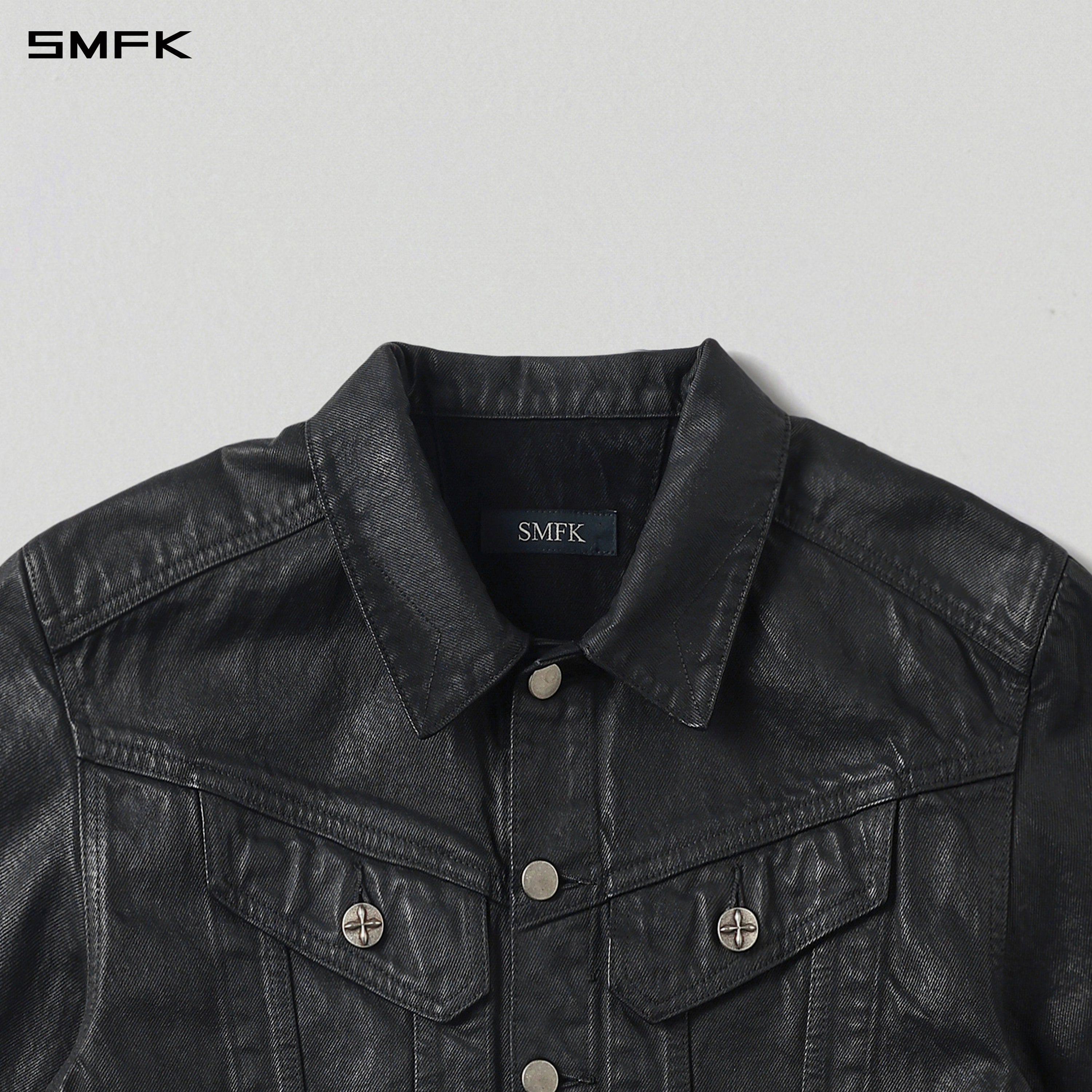 WILD MIRAGE HANDCRAFT LOOSE DENIM JACKET/COTTON+METALLIC COATING/U INK BLACK