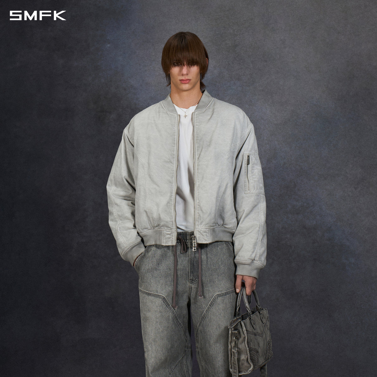 VINTAGE NOMADIC LOOSE QUILTED BOMBER/GARMENT WASH DYE+3M Thinsulate MIST GREY