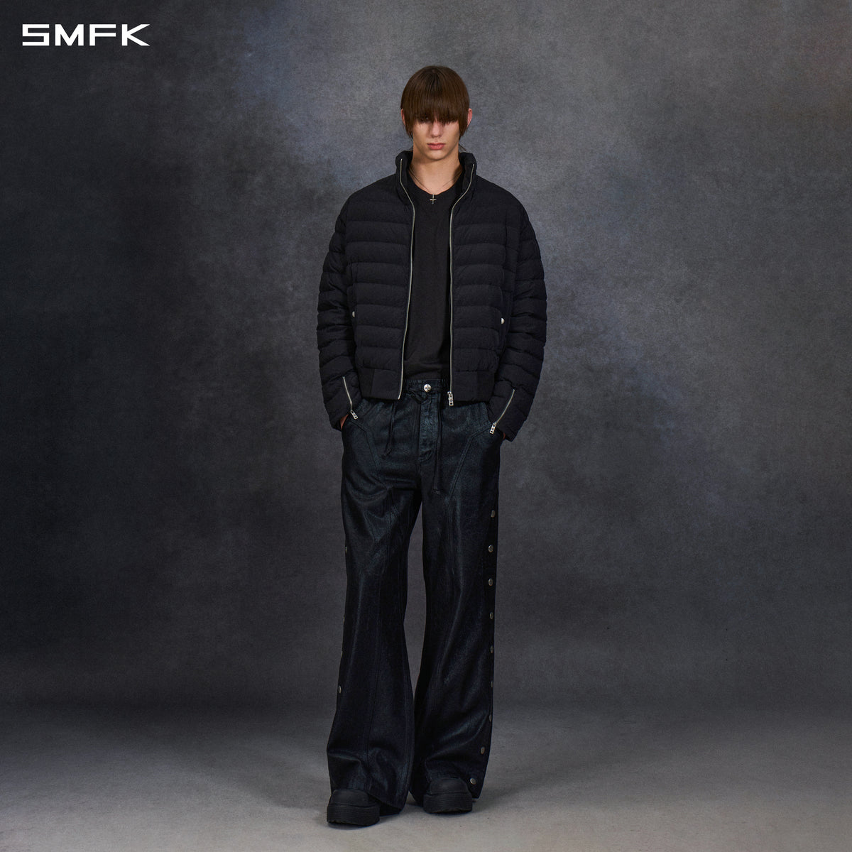 MYTH AEOLUS EVOLVE REVERSIBLE LOOSE STAND-COLLAR DOWN JACKET/ GOOSE DOWN+NYLON 66/U WILD BLACK