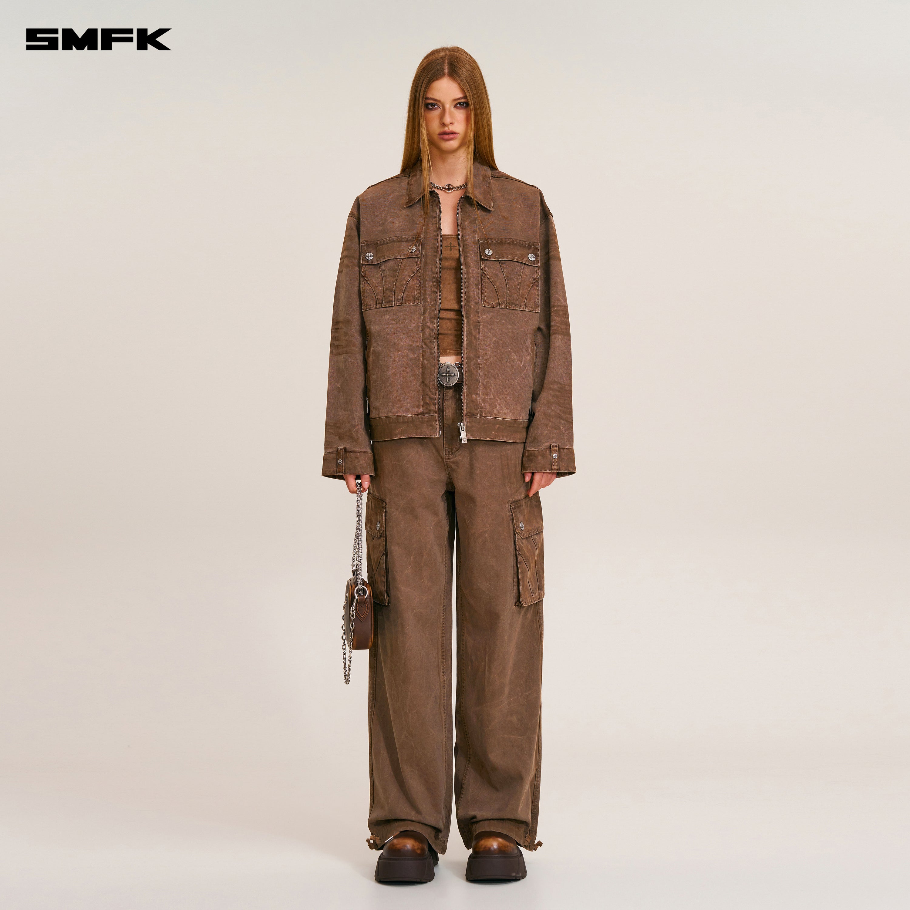 RAGE-WILD ORIGIN HANDCRAFT LOOSE CARGO JACKET/GARMENT DYED SHADOW BROWN