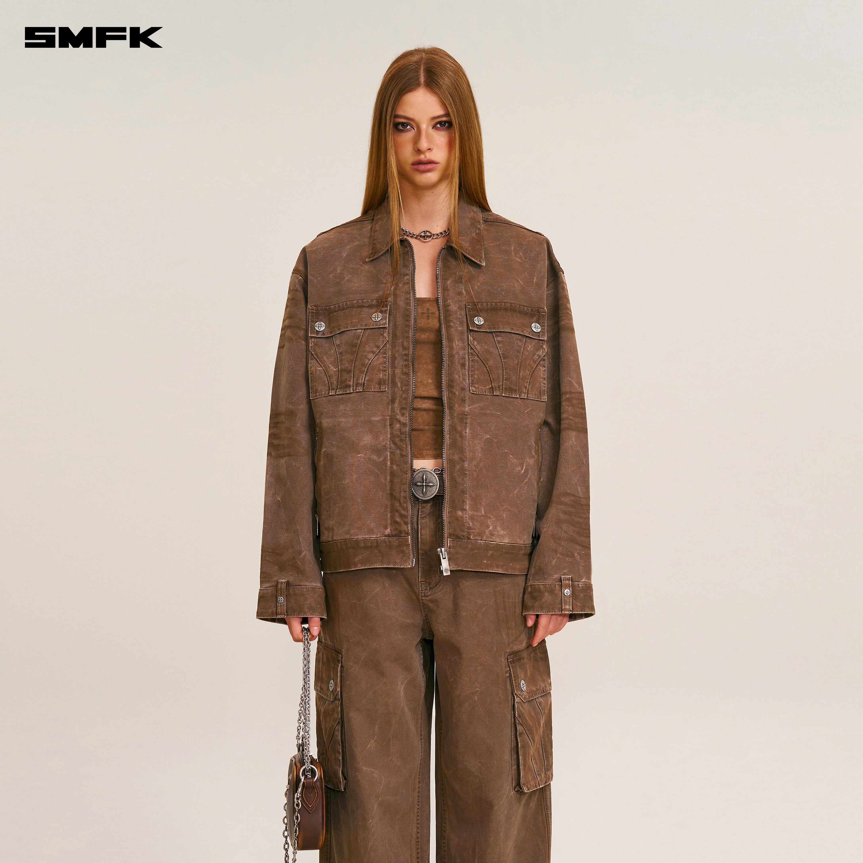 RAGE-WILD ORIGIN HANDCRAFT LOOSE CARGO JACKET/GARMENT DYED SHADOW BROWN