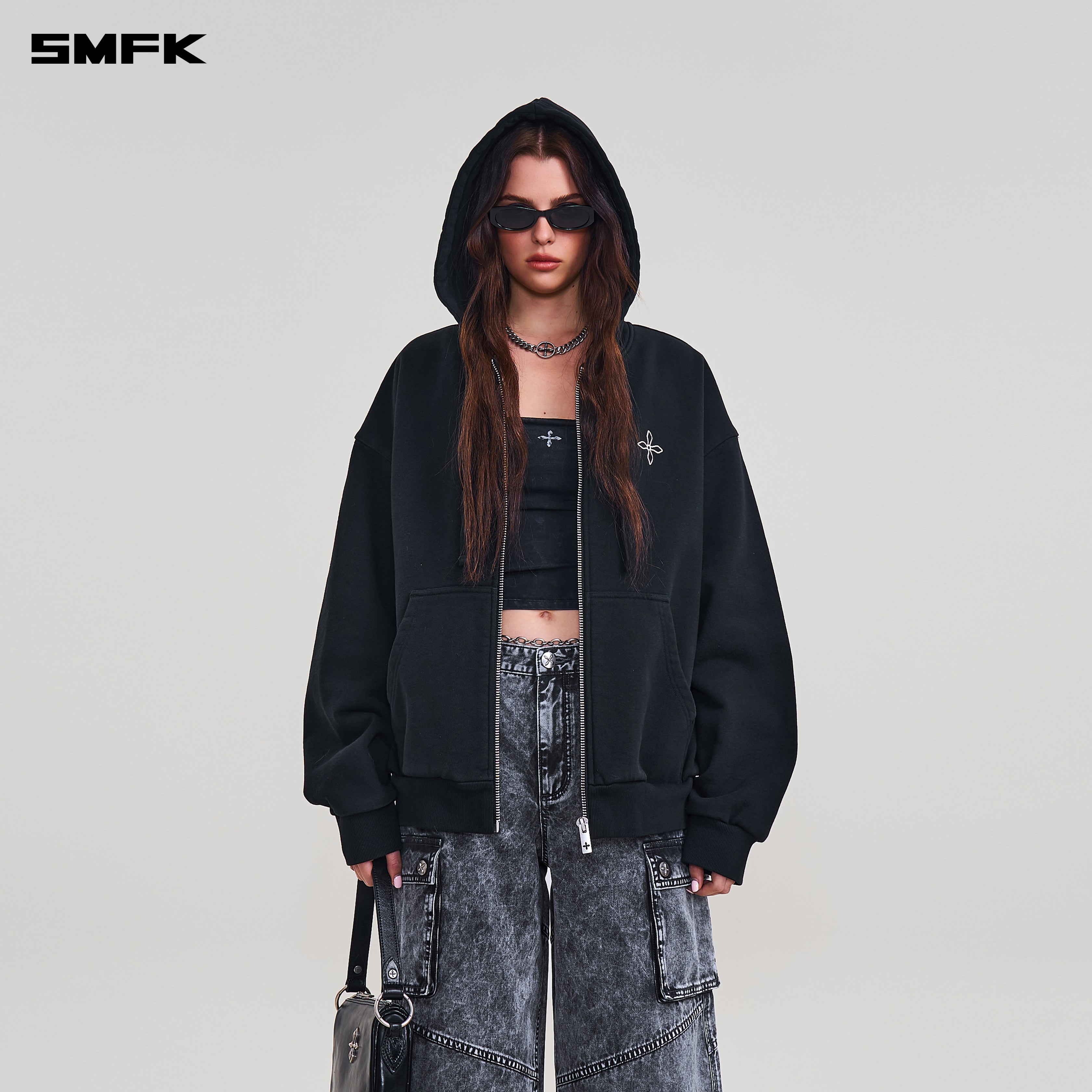 COMPASS MODE LOOSE ZIP HOODIE WILD BLACK – SMFK Official