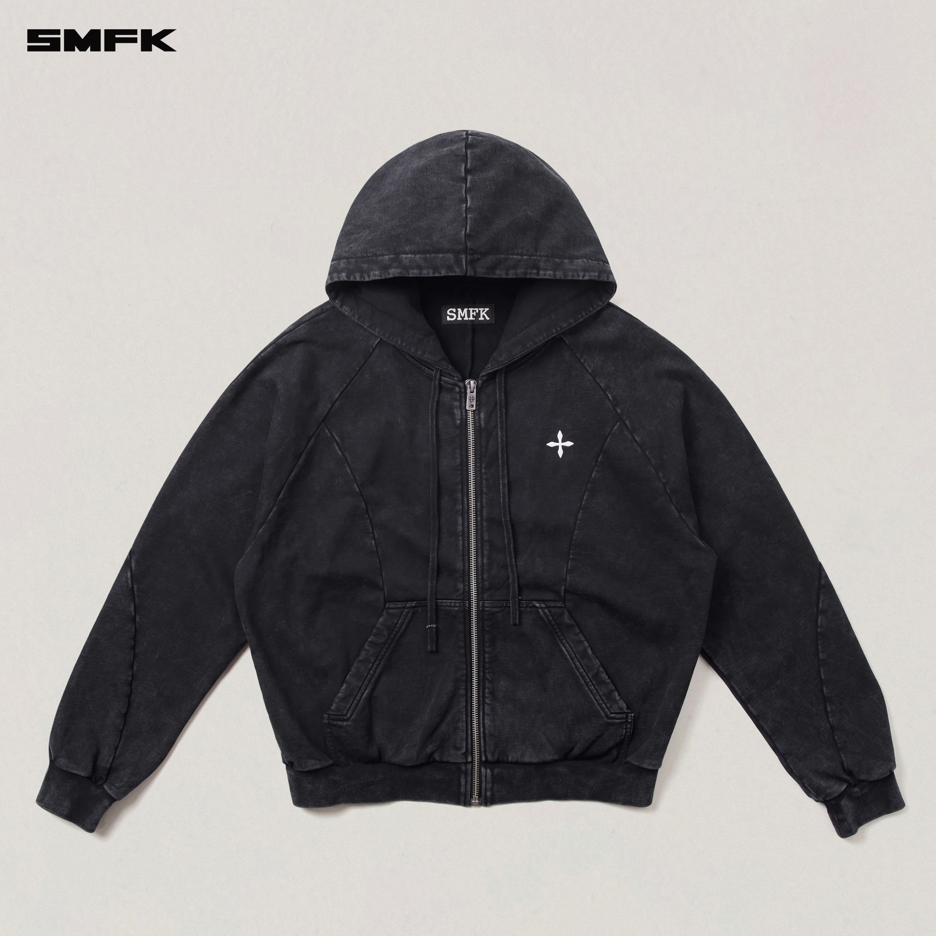 VINTAGE-SAVAGE LOOSE SPORTS ZIP HOODIE/FADE DYE WILD BLACK