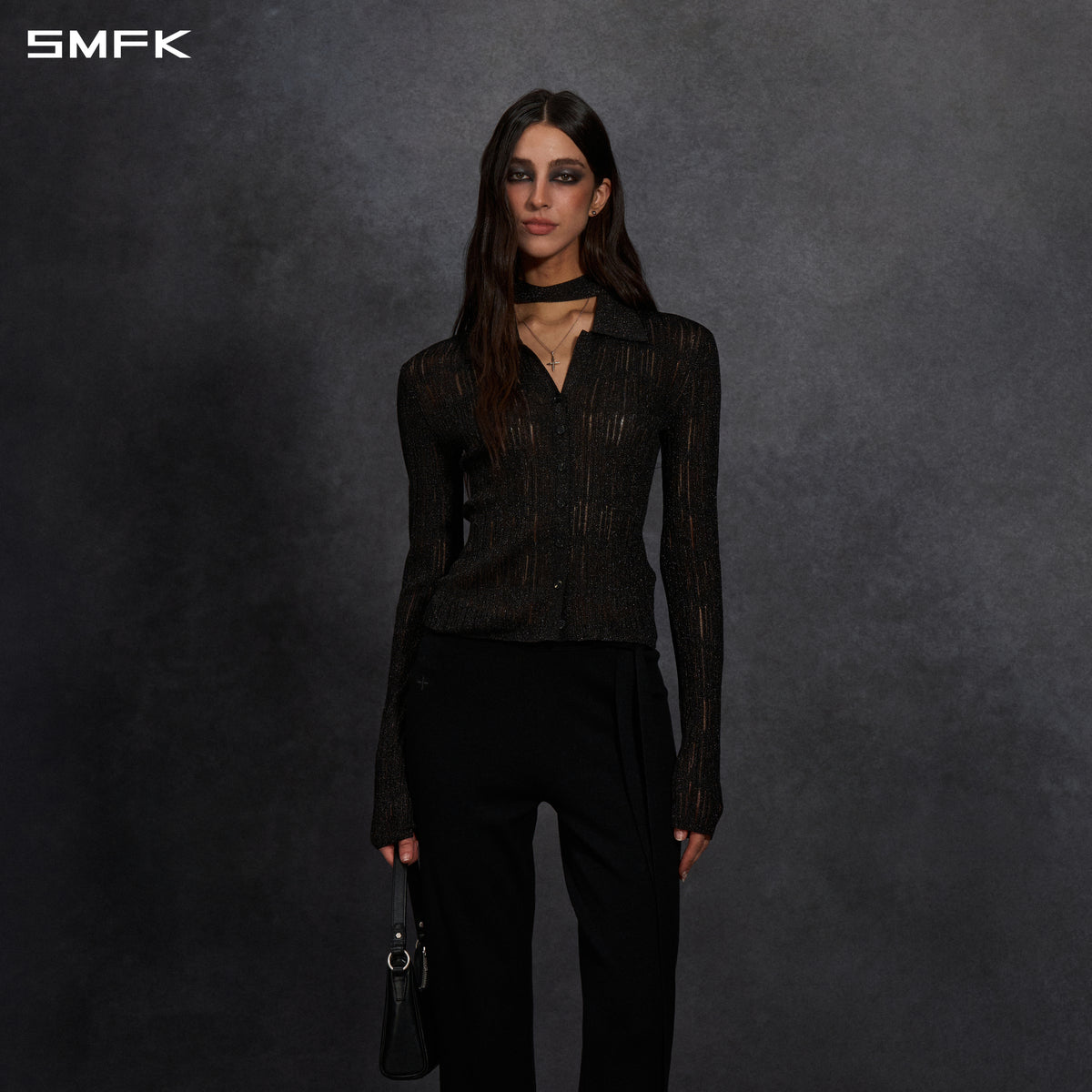 MYTH SIREN AURORA EVENING SLIM KNIT SHIRT/METALLIC YARN AURORA BLACK