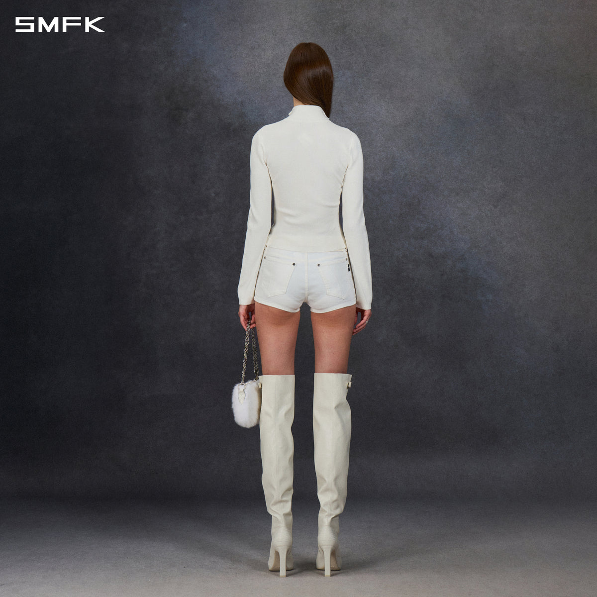 MYTH AEOLUS AURORA SLIM HIGH NECK KNIT JACKET/LS-COTTON/COLD DYE WHITE GREY