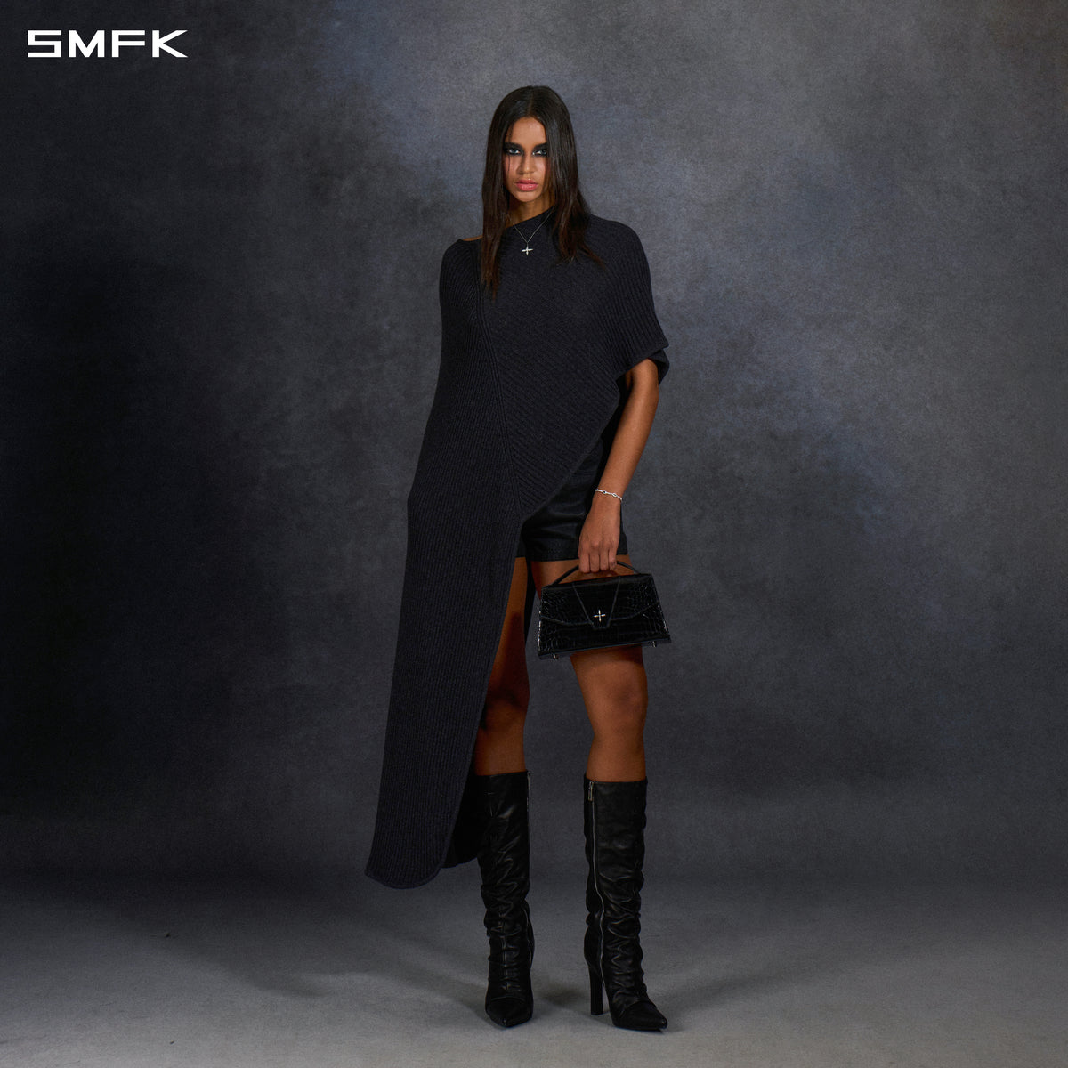 MOROCCAN KNIT WRAP/COTTON+WOOL/U CHARCOAL BLACK