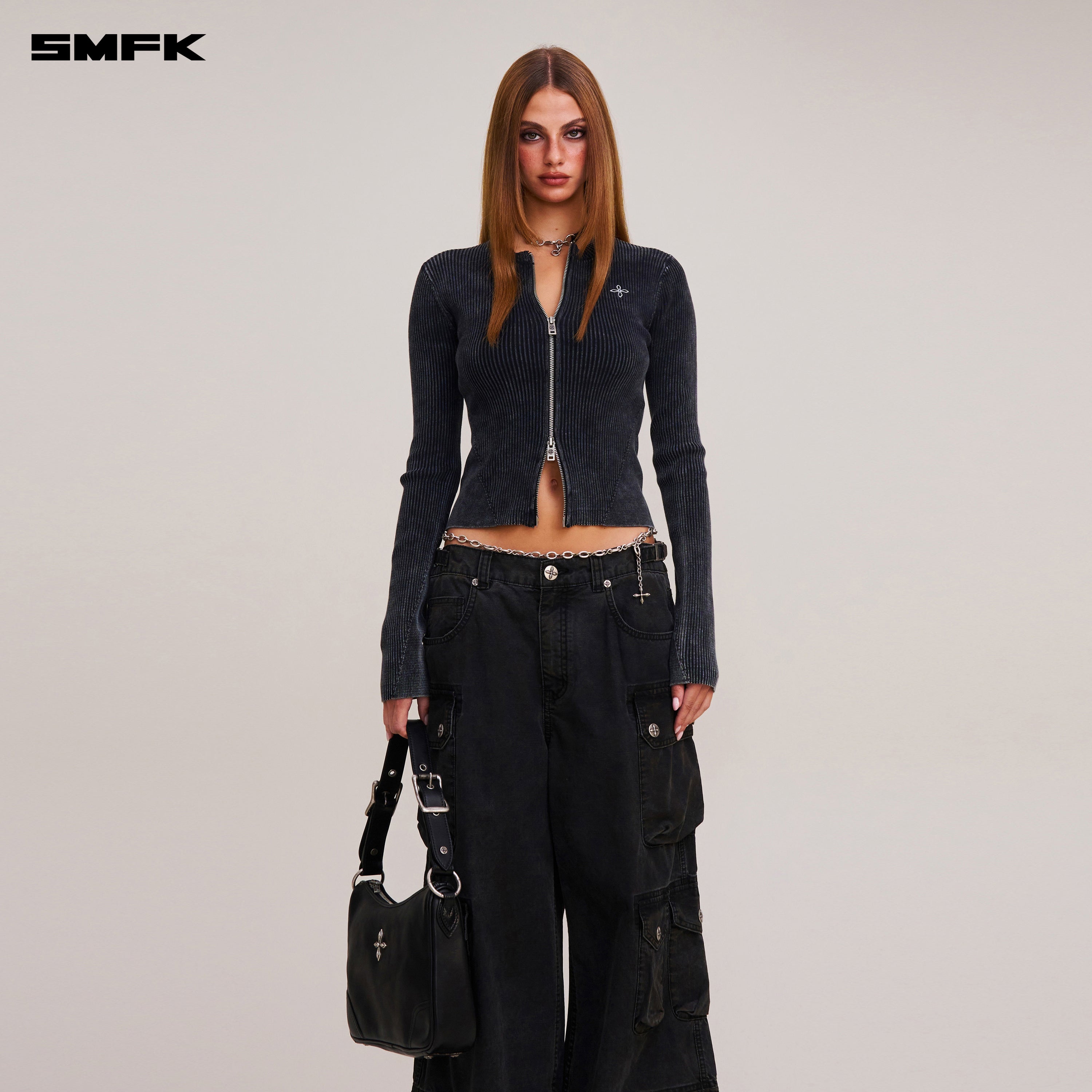 VINTAGE-SAVAGE ZIP KNIT CARDIGAN/STONE WASH VANISH BLACK