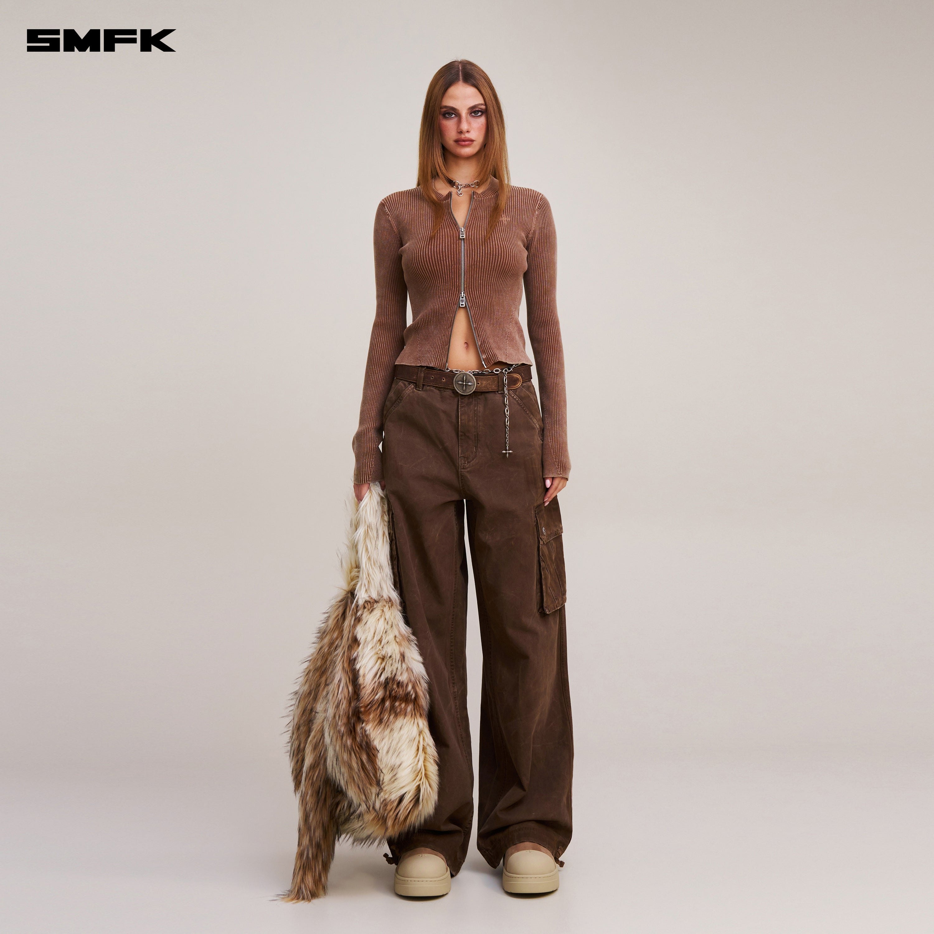 VINTAGE-SAVAGE ZIP KNIT CARDIGAN/STONE WASH VANISH BROWN