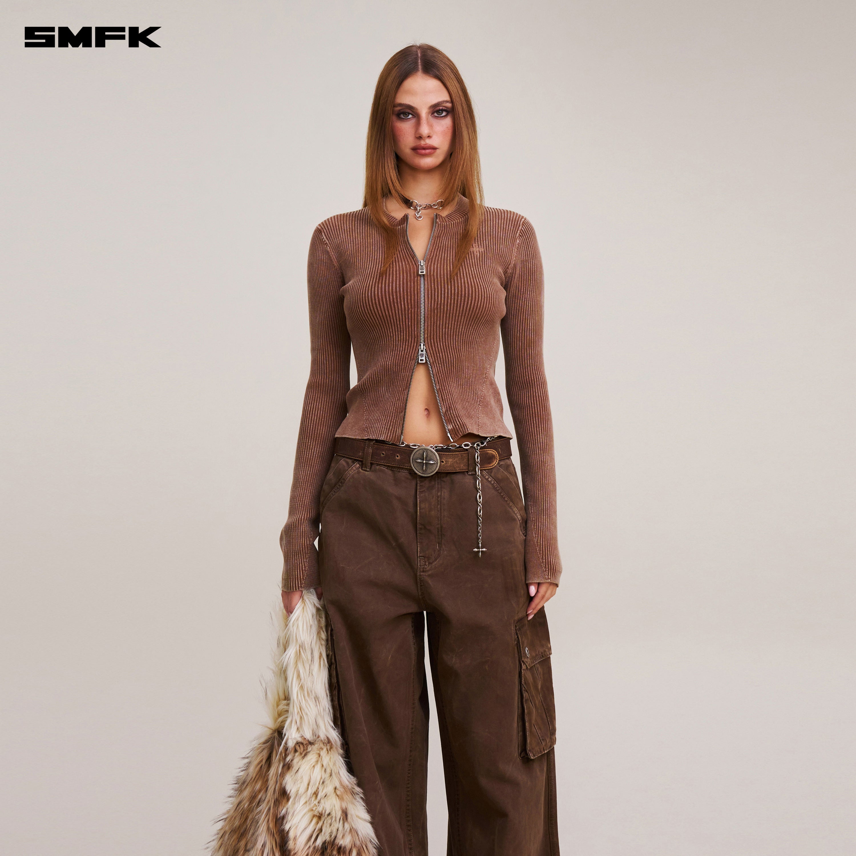 VINTAGE-SAVAGE ZIP KNIT CARDIGAN/STONE WASH VANISH BROWN