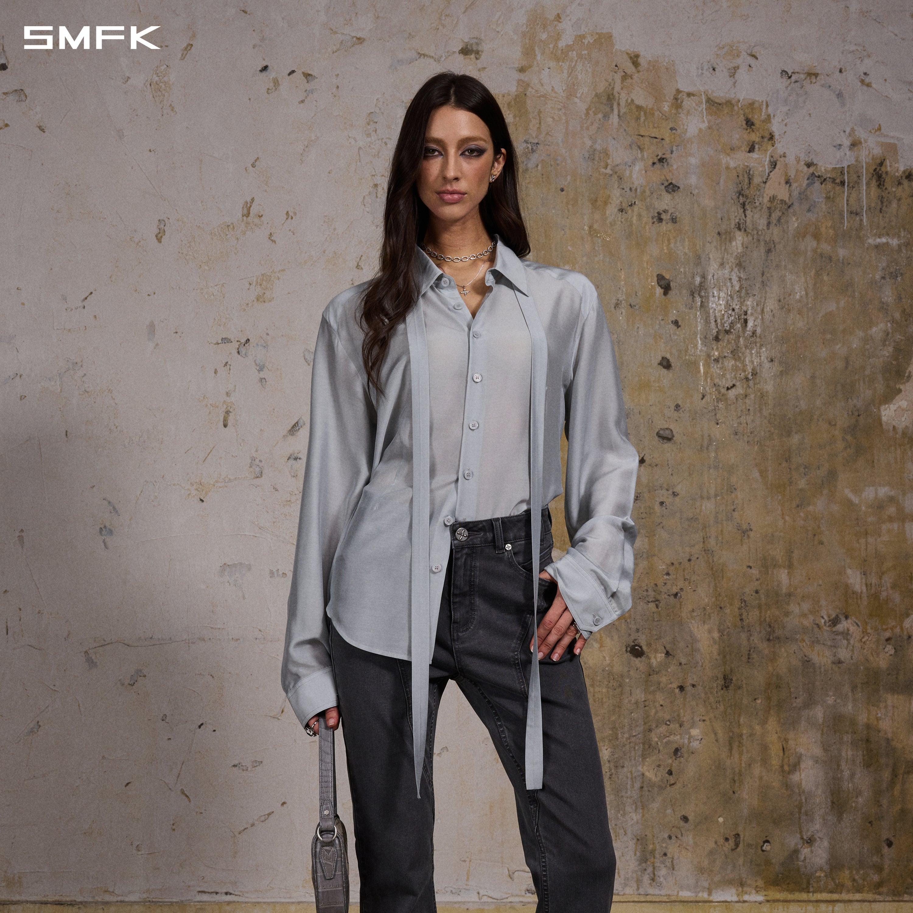 MIRAGE SIREN MIST SLIM EVENING SHIRT/MODAL + ACETATE + SILK/U GLACIER GREY