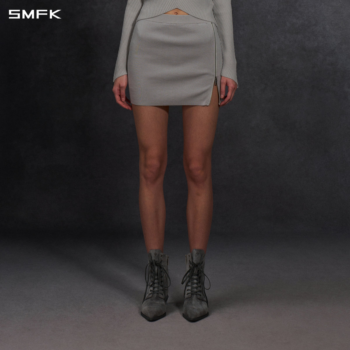 MYTH SIREN ZIP EVENING KNIT DRESS/SILK+LENZING TENCEL+COTTON GLACIER GREY