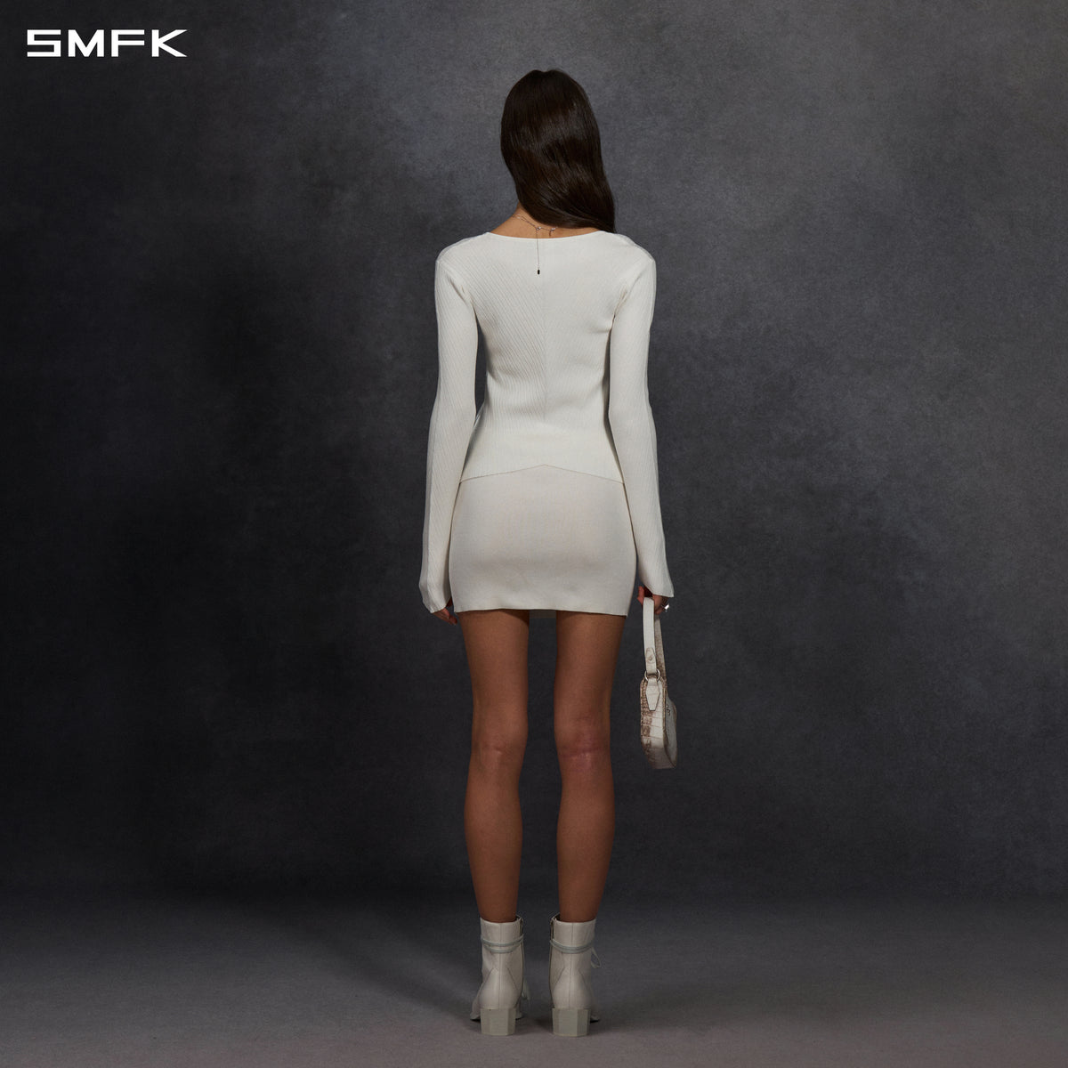 MYTH SIREN ZIP EVENING KNIT DRESS/SILK+LENZING TENCEL+COTTON CLOUD WHITE