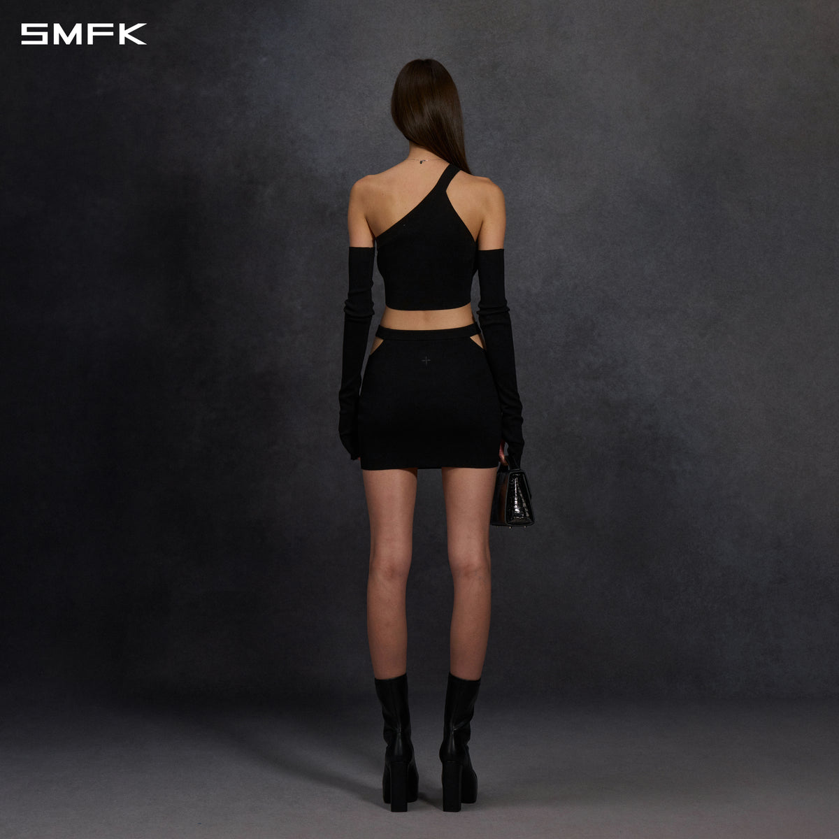 MYTH SIREN HIGH COLLAR EVENING KNIT DRESS/SILK+LENZING TENCEL+COTTON WILD BLACK