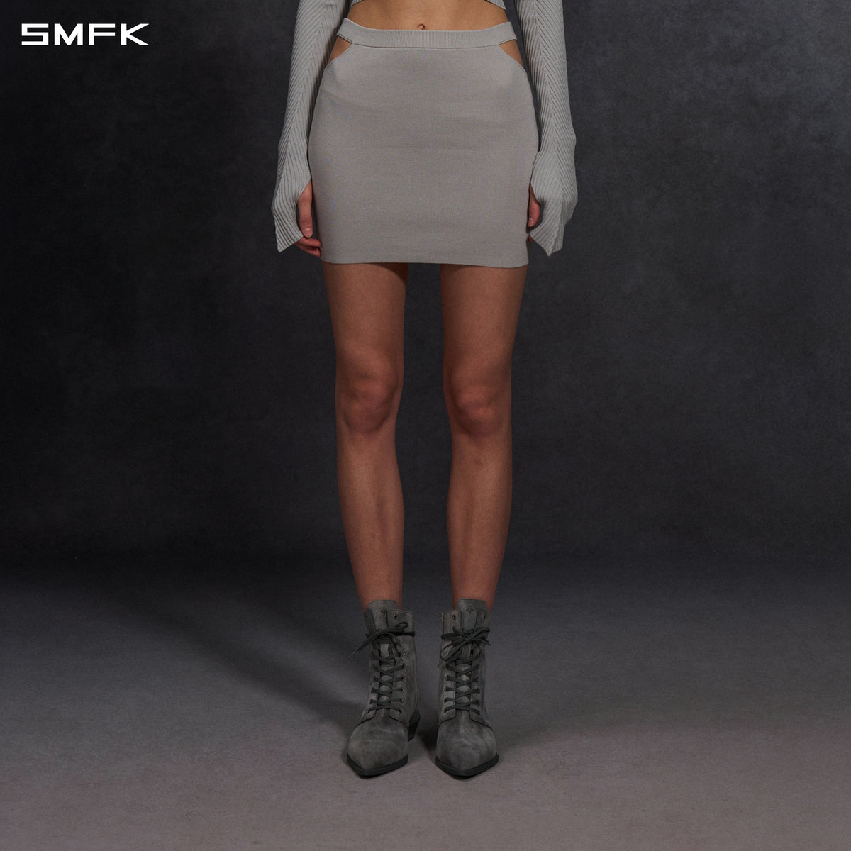 MYTH SIREN HIGH COLLAR EVENING KNIT DRESS/LENZING TENCEL+SILK+COTTON GLACIER GREY