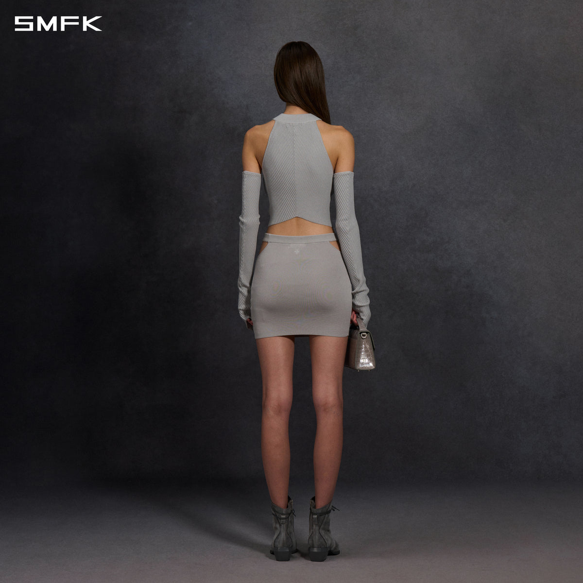 MYTH SIREN HIGH COLLAR EVENING KNIT DRESS/LENZING TENCEL+SILK+COTTON GLACIER GREY