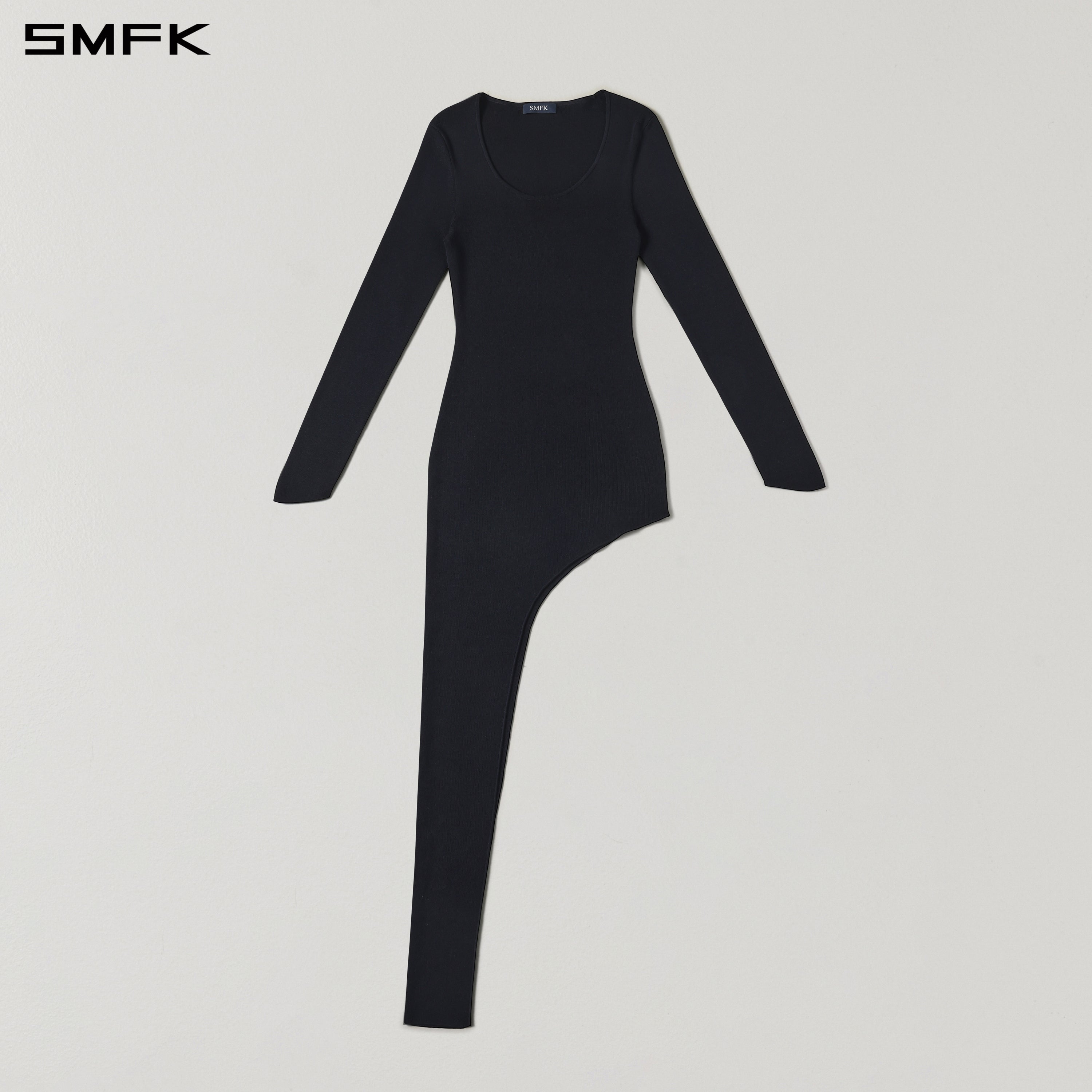 MYTH AEOLUS ASYMMETRY LONG SLEEVE KNIT EVENING DRESS/TENCEL+SILK WILD BLACK
