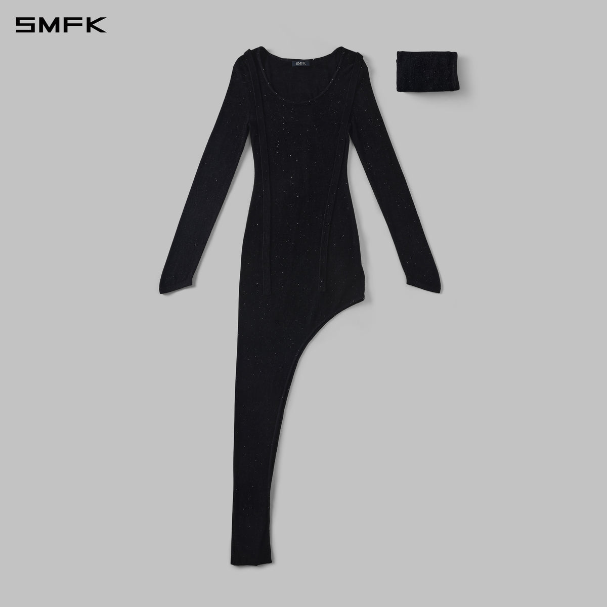MYTH AEOLUS ASYMMETRY LONG SLEEVE KNIT EVENING DRESS/STARRY VELVET GALAXY BLACK