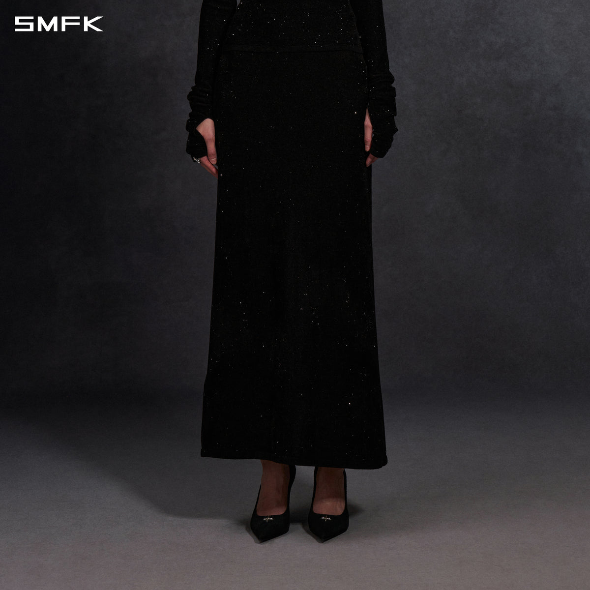 MYTH SIREN EVENING SLIM KNIT DRESS/STARRY VELVET GALAXY BLACK