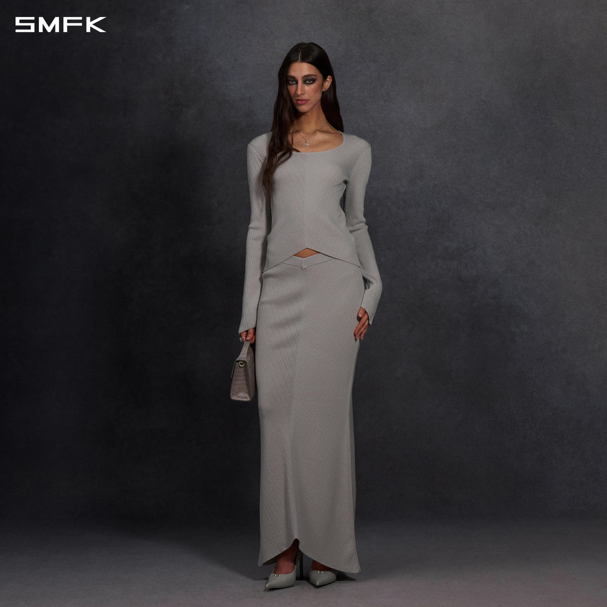 MYTH SIREN EVENING FISHTAIL KNIT DRESS/LENZING TENCEL+SILK+COTTON GLACIER GREY