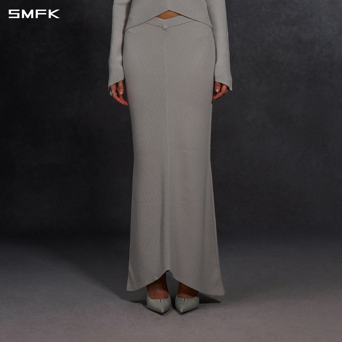 MYTH SIREN EVENING FISHTAIL KNIT DRESS/LENZING TENCEL+SILK+COTTON GLACIER GREY