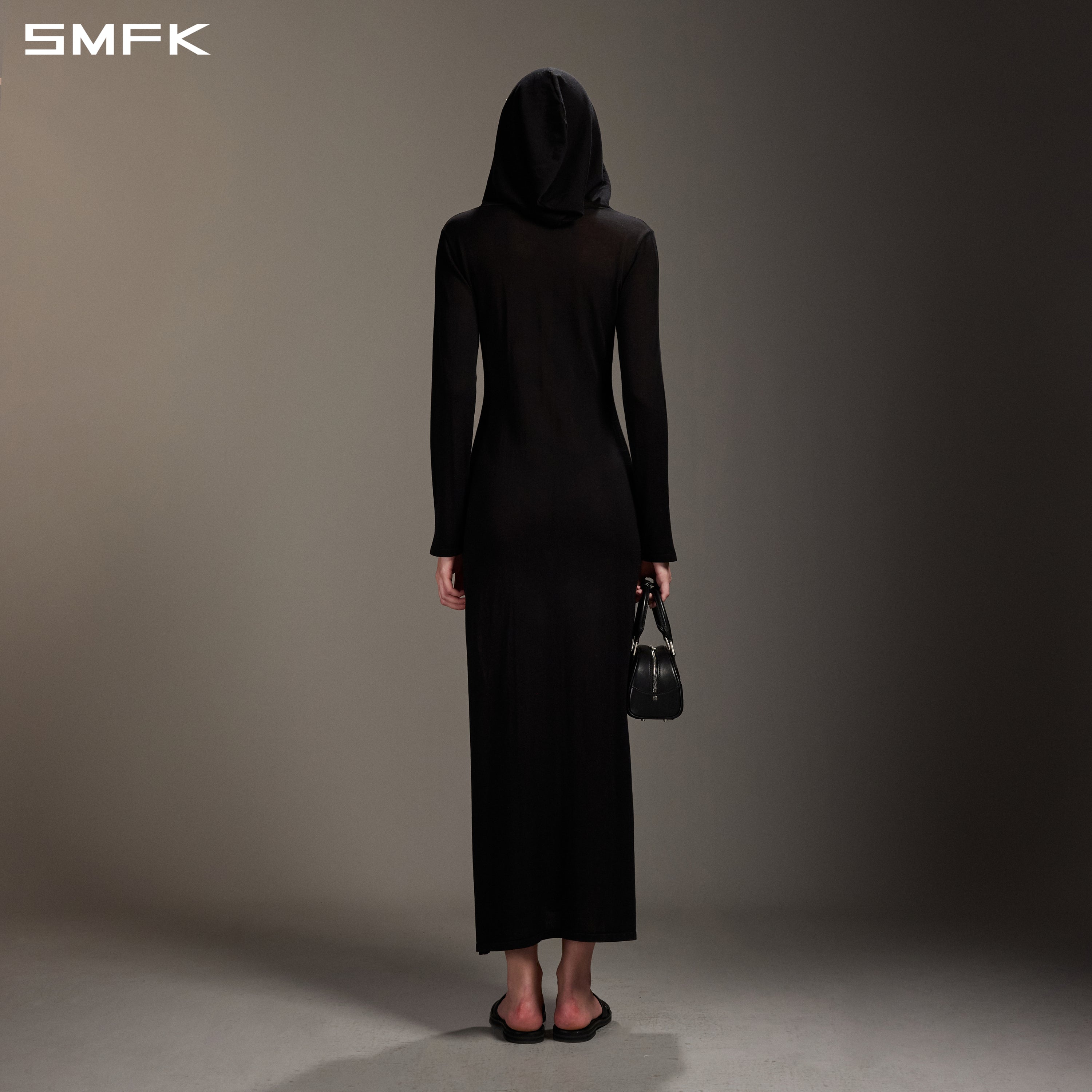 MYTH AEOLUS ASYMMETRY LONG SLEEVE KNIT EVENING DRESS/ACETATE+COTTON WILD BLACK