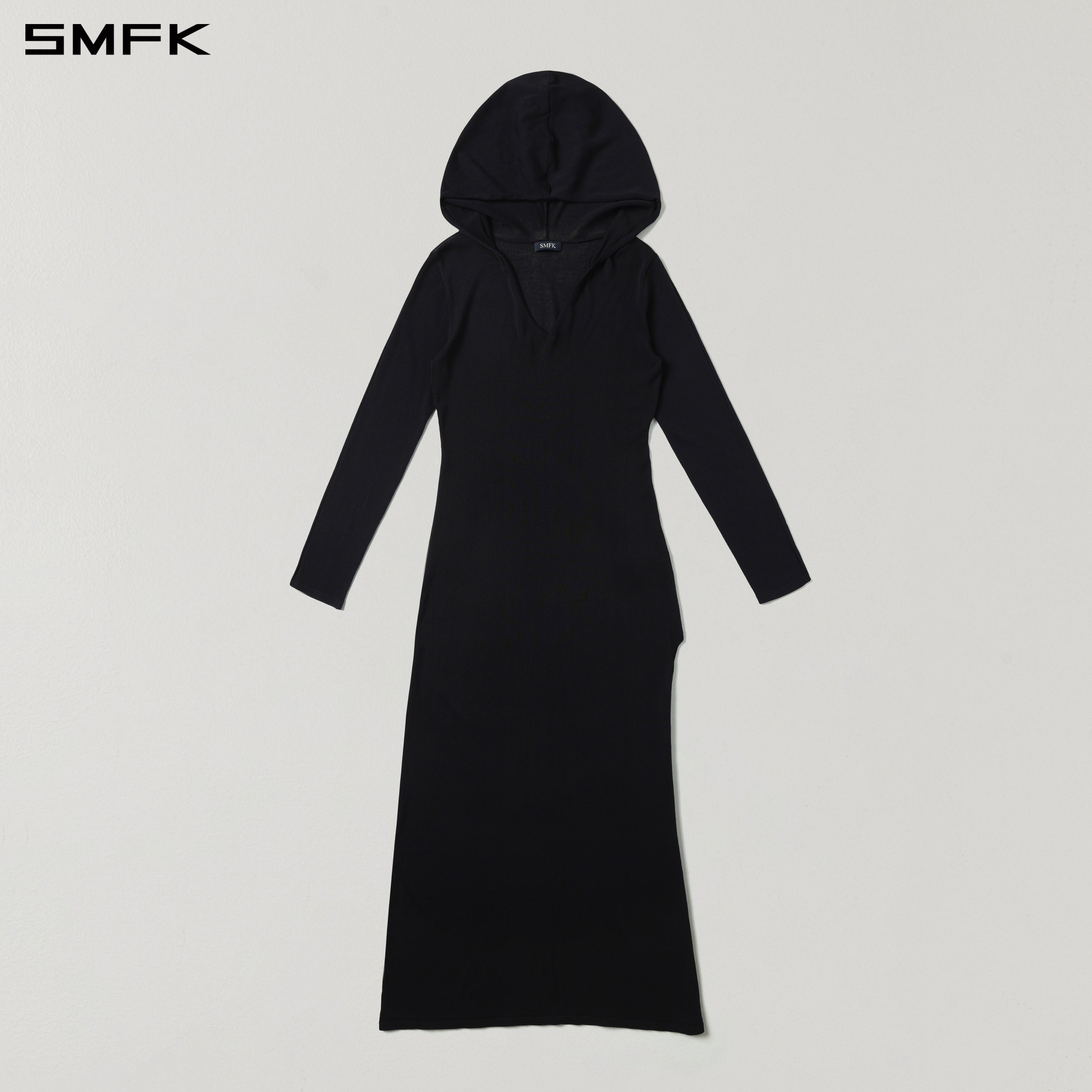 MYTH AEOLUS ASYMMETRY LONG SLEEVE KNIT EVENING DRESS/ACETATE+COTTON WILD BLACK