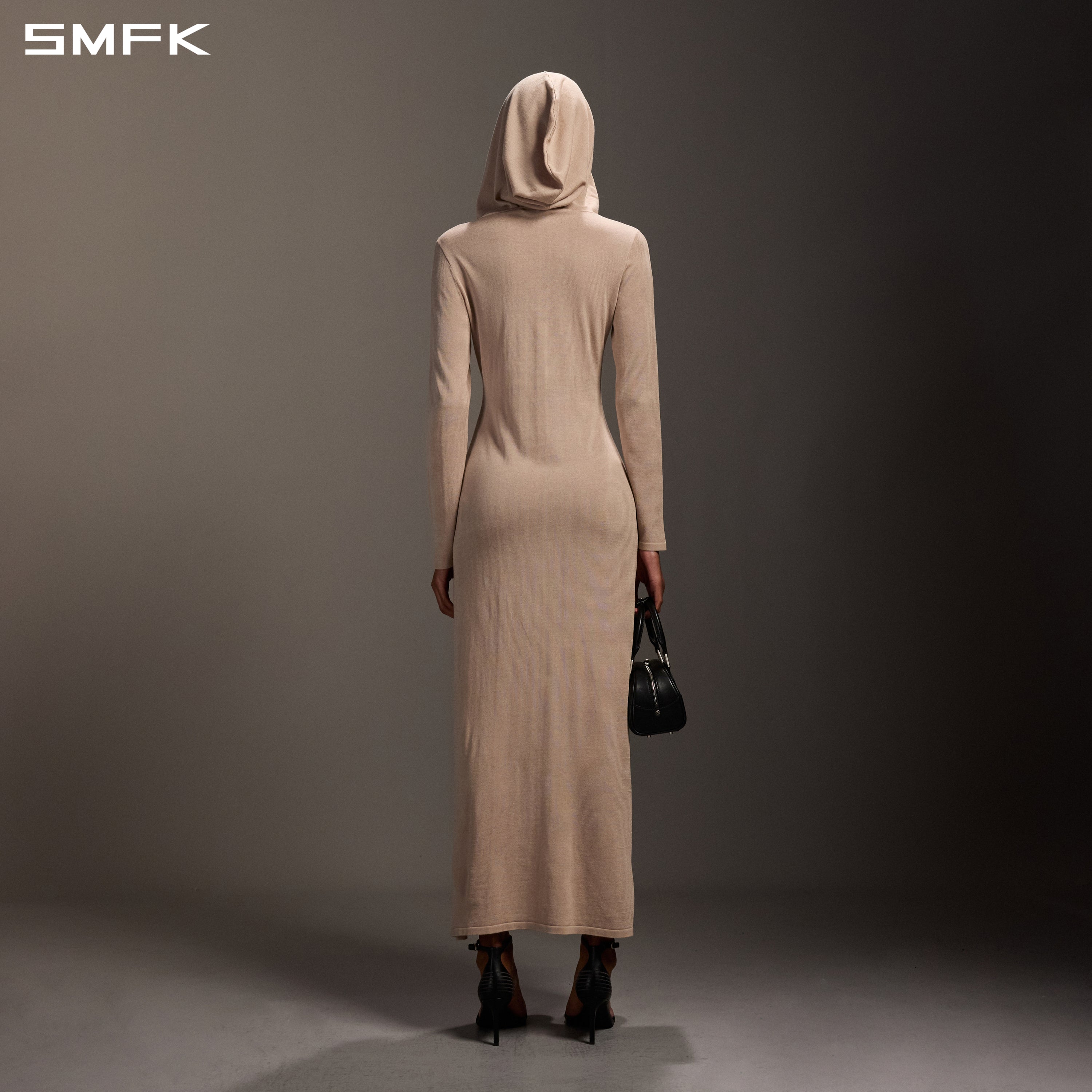 MYTH AEOLUS ASYMMETRY LONG SLEEVE KNIT EVENING DRESS/ACETATE+COTTON FRESH SKIN