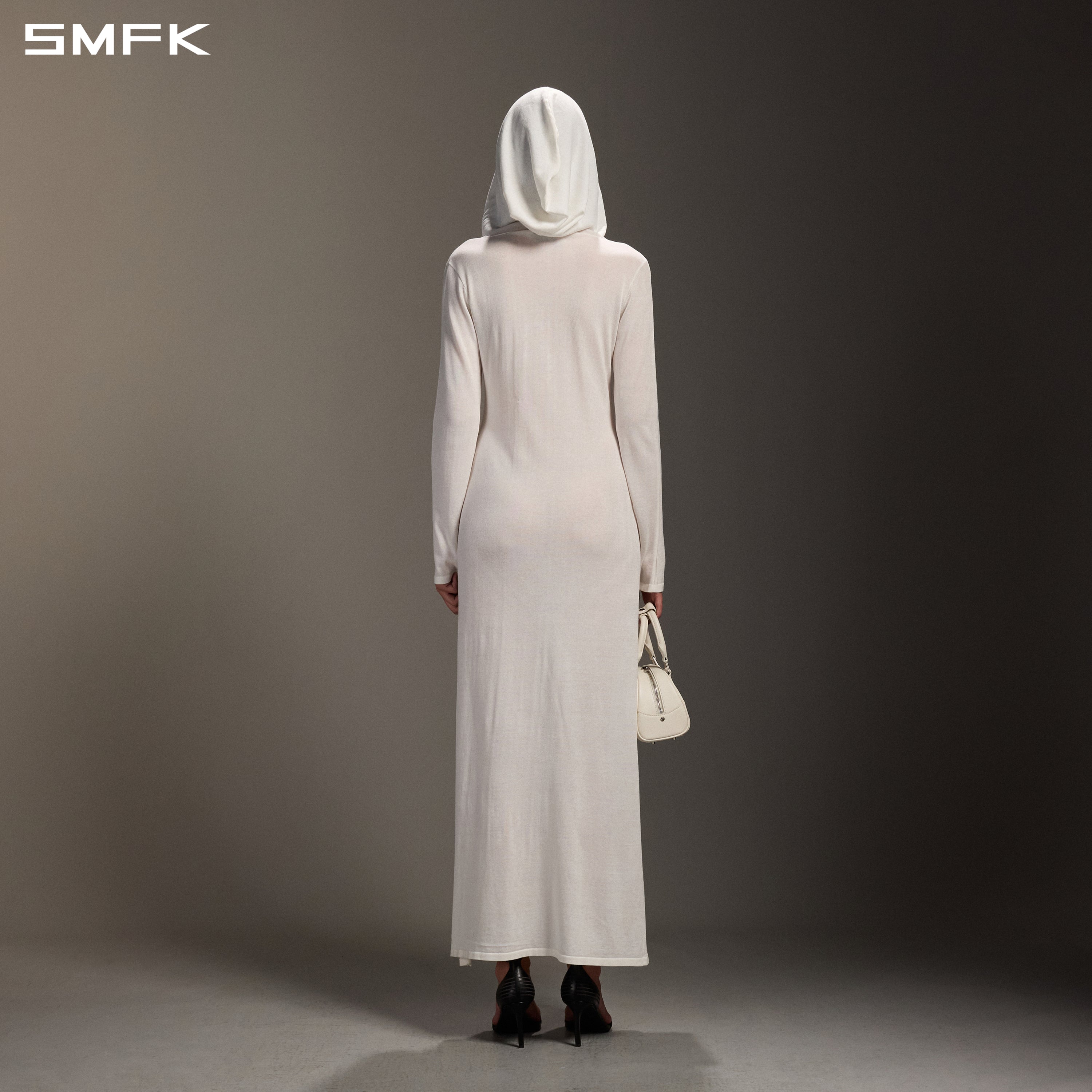 MYTH AEOLUS ASYMMETRY LONG SLEEVE KNIT EVENING DRESS/ACETATE+COTTON CLOUD WHITE