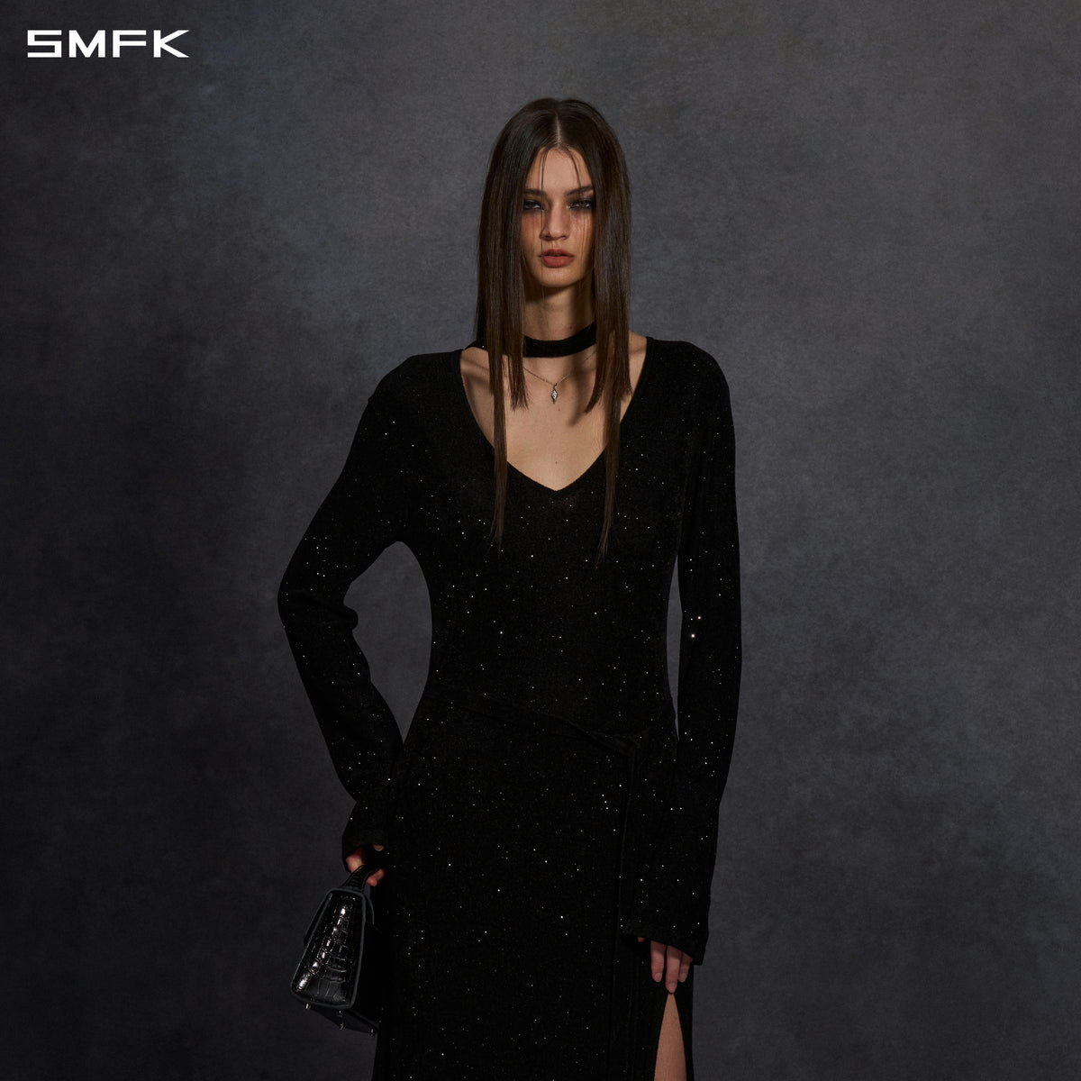 MYTH AEOLUS ONE-PIECE KNIT EVENING DRESS/STARRY VELVET GALAXY BLACK