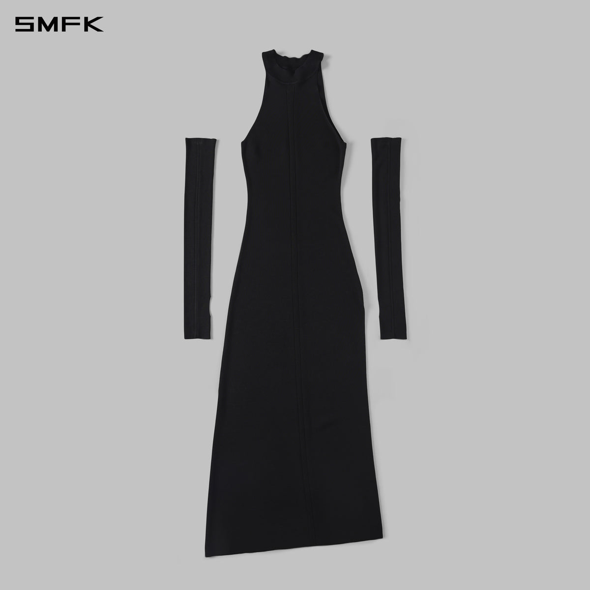 MYTH SIREN HIGH COLLAR KNIT LONG DRESS/SILK+LENZING TENCEL+COTTON WILD BLACK