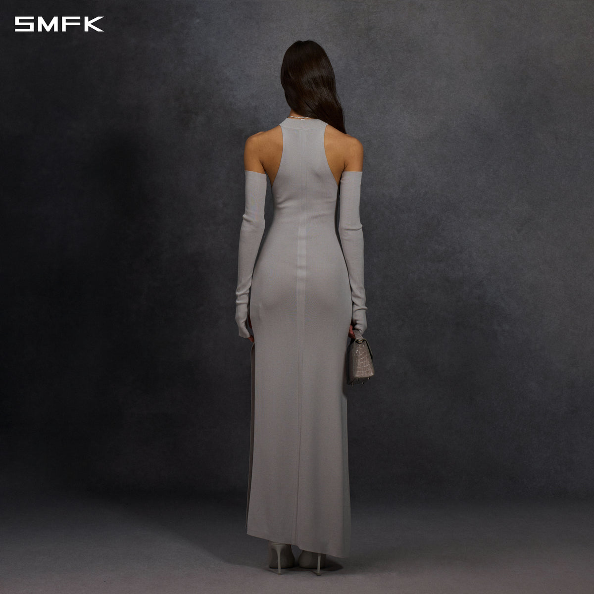MYTH SIREN HIGH COLLAR KNIT LONG DRESS/SILK+LENZING TENCEL+COTTON GLACIER GREY