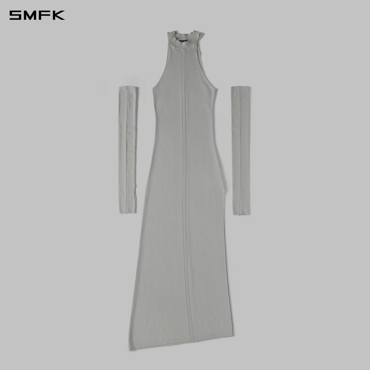 MYTH SIREN HIGH COLLAR KNIT LONG DRESS/SILK+LENZING TENCEL+COTTON GLACIER GREY