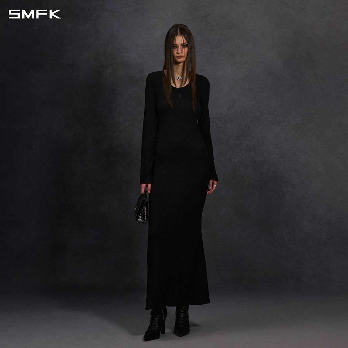 MYTH AEOLUS PHANTOM EVENING DRESS/ACETATE+VISCOSE+ACRYLIC+SPANDEX+WOOL MIDNIGHT BLACK
