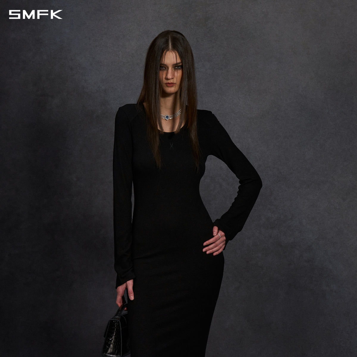 MYTH AEOLUS PHANTOM EVENING DRESS/ACETATE+VISCOSE+ACRYLIC+SPANDEX+WOOL MIDNIGHT BLACK