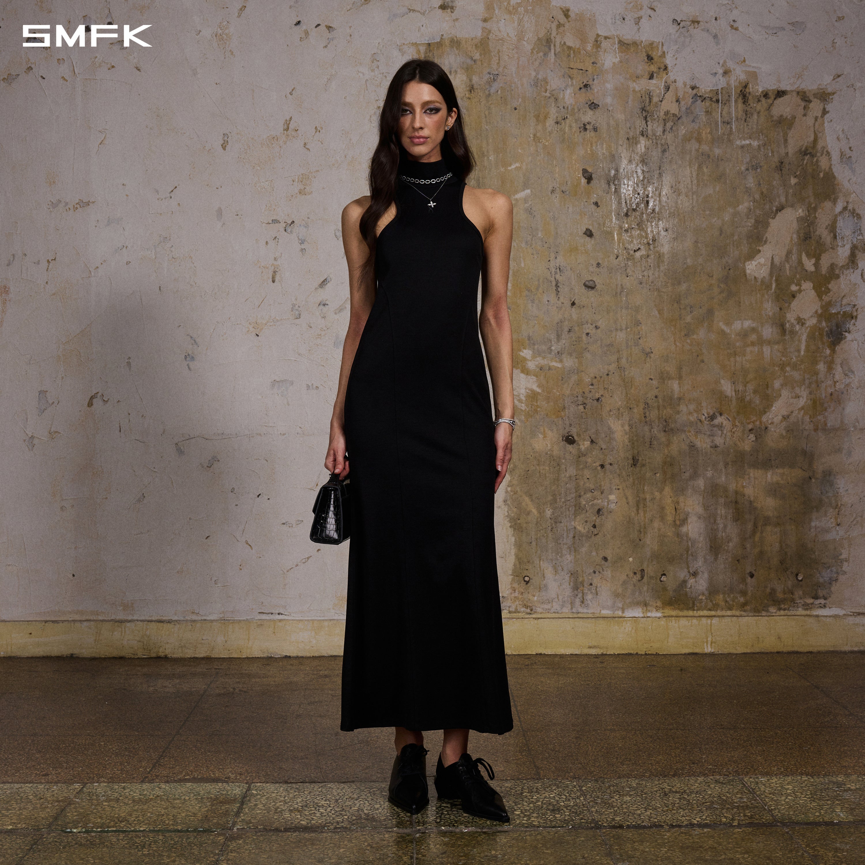 MYTH AEOLUS HIGH COLLAR EVENING VEST DRESS/COTTON + POLYESTER COMPOSITE ELASTIC FIBER + LYOCELL MIDNIGHT BLACK