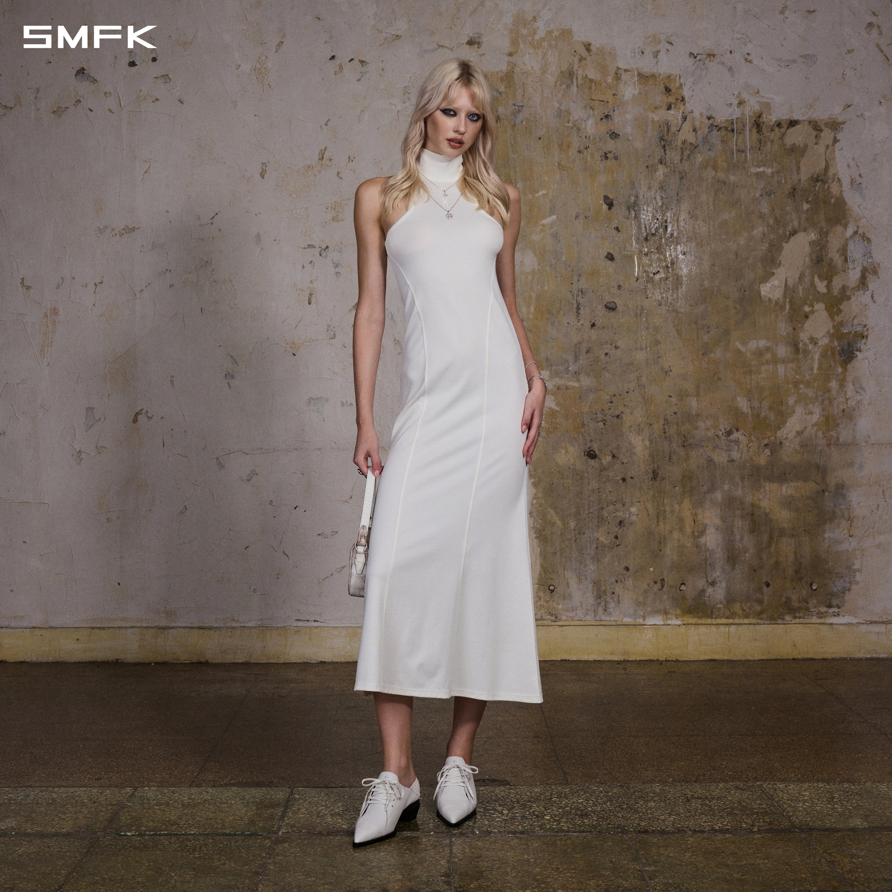 MYTH AEOLUS HIGH COLLAR EVENING VEST DRESS/COTTON + POLYESTER COMPOSITE ELASTIC FIBER + LYOCELL CLOUD WHITE