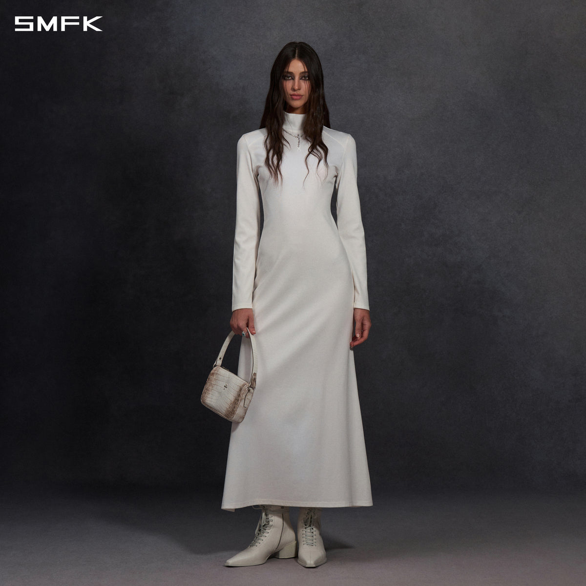 MYTH AEOLUS HIGH COLLAR EVENING DRESS/LENZING TENCEL+COTTON CLOUD WHITE