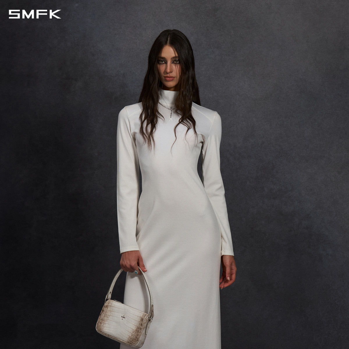 MYTH AEOLUS HIGH COLLAR EVENING DRESS/LENZING TENCEL+COTTON CLOUD WHITE