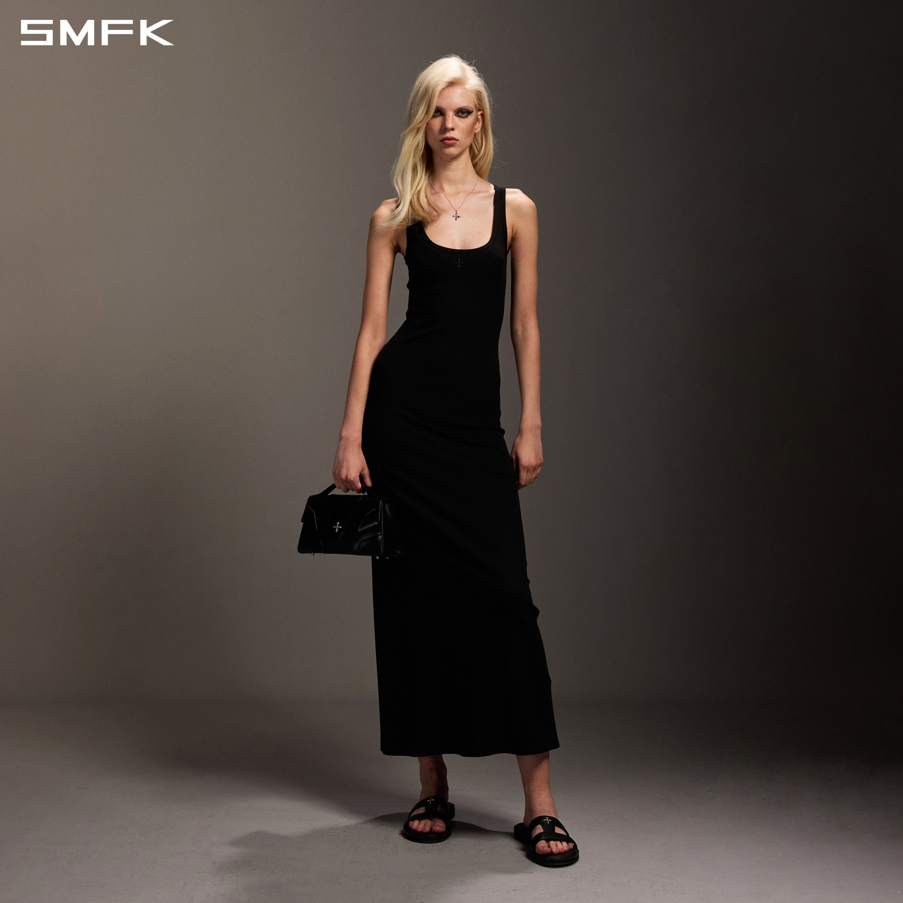 VINTAGE NOMADIC SILK TANK LONG DRESS/SILK+COTTON WILD BLACK