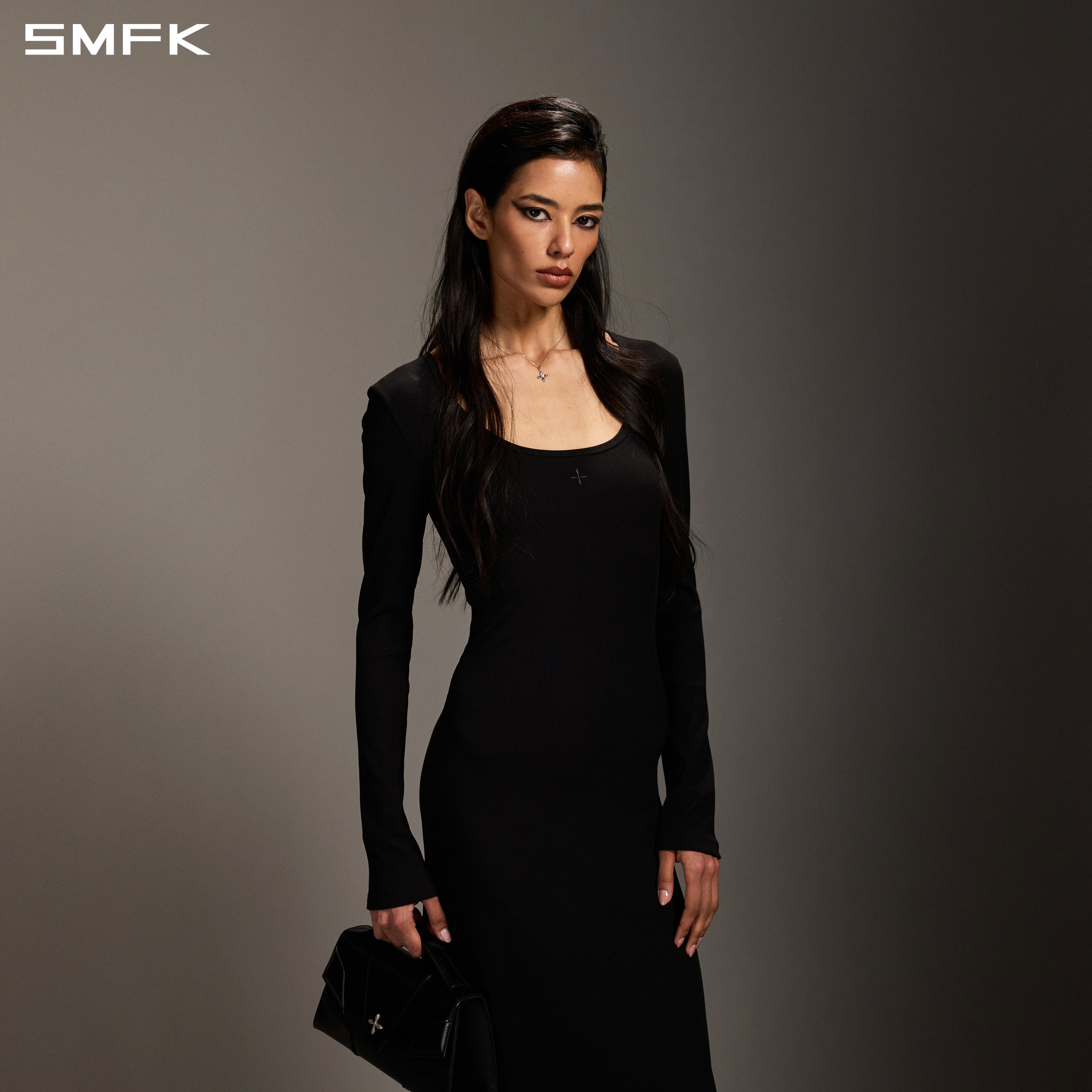 VINTAGE NOMADIC SILK LONG DRESS/SILK+COTTON WILD BLACK
