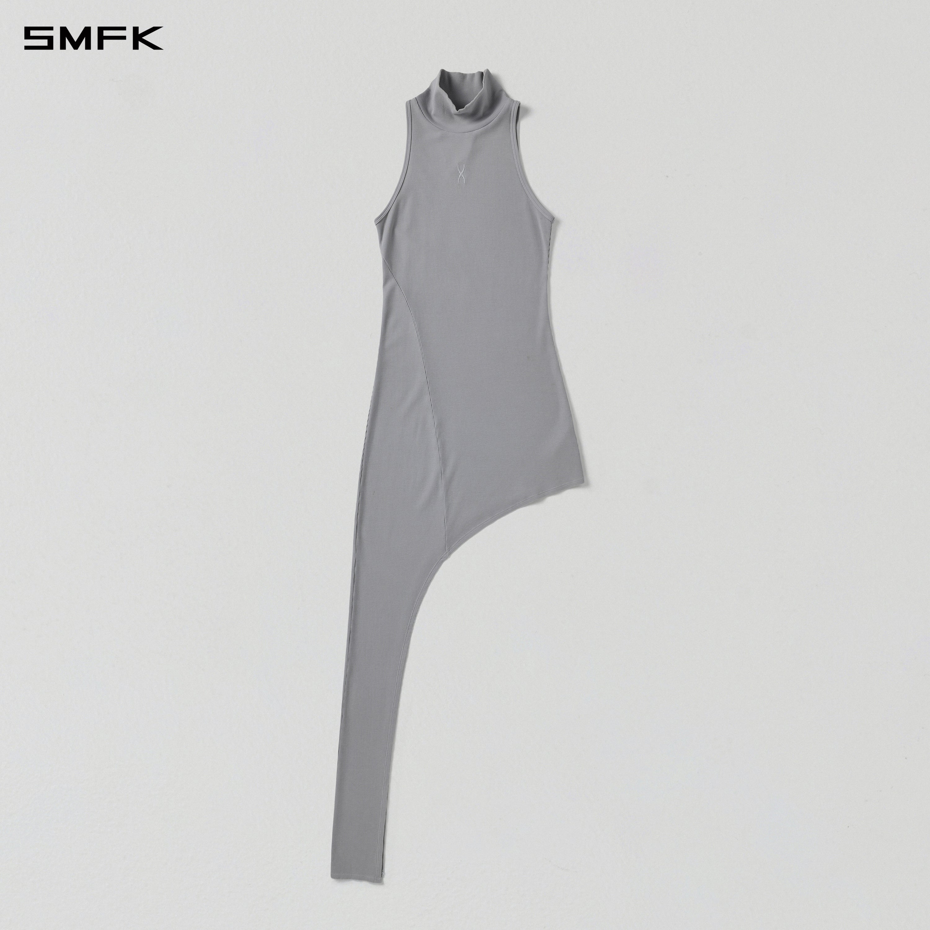 VINTAGE NOMADIC ASYMMETRY HIGH COLLAR VEST EVENING DRESS/SILK+COTTON GLACIER GREY